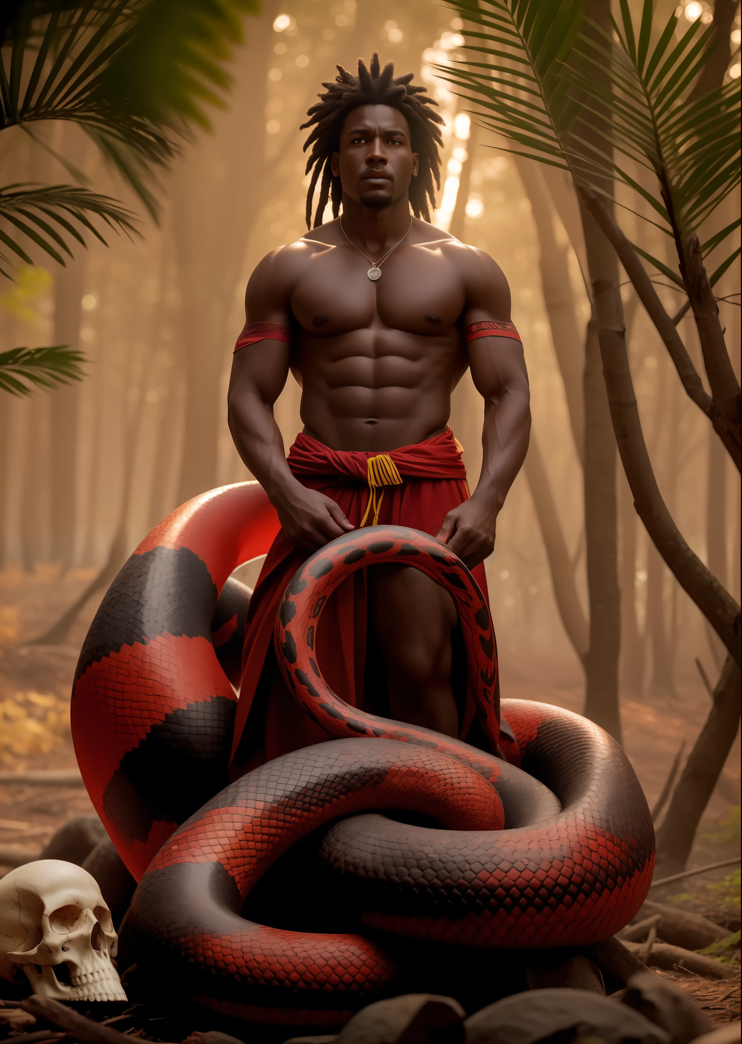homem serpente, olhando para o espectador, usa roupas tribais e tem o corpo envolvido pro uma serpente gigante preta e vermelha, There are skulls on the ground in a burning forest, ponto de vista hiper detalhado, por lee jeffries, nikon d850, fotografia de filme, 4 kodak portra 400, F1 camera lens.6, cores ricas, hiper realista, textura realista, dramatic illumination, cinestill 800,
