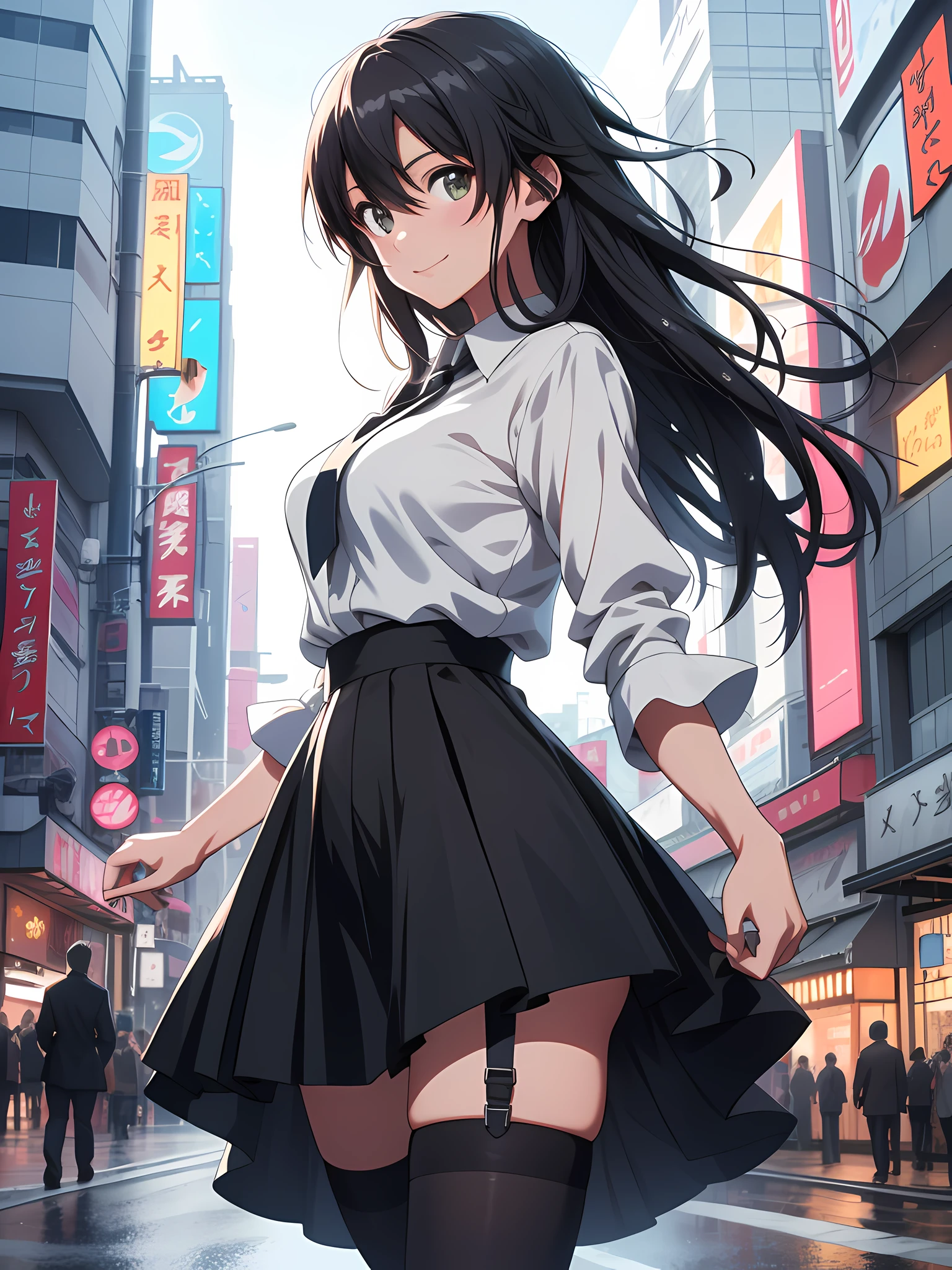 highres, ultra detailed, (1girl:1.3), (dynamic pose):1.0 BREAK, cowboy shot, 1 extremely beautiful and glamorous school idol at downtown night street, wearing a white collard shirt and a knee-length long pleats skirt, black stockings, she has black wavy two-side-up hair style, gigantic-breasted, smile, happy, wind, 8 life size, detailed clothes, detailed body, detailed arms, human hands, detailed hands, blush, light smile, looking the viewer, facing the viewer, sexy model posing, extremely leaning forward against the viewer, Lights are lit around the street and stars are shining in the sky, studio soft light, cinematic light, detailed background, realistic, ultra-realistic, masterpiece, 32k ultra-sharp image, Japanese anime waifu, concept art by Kyoto animation, Makoto Shinkai,