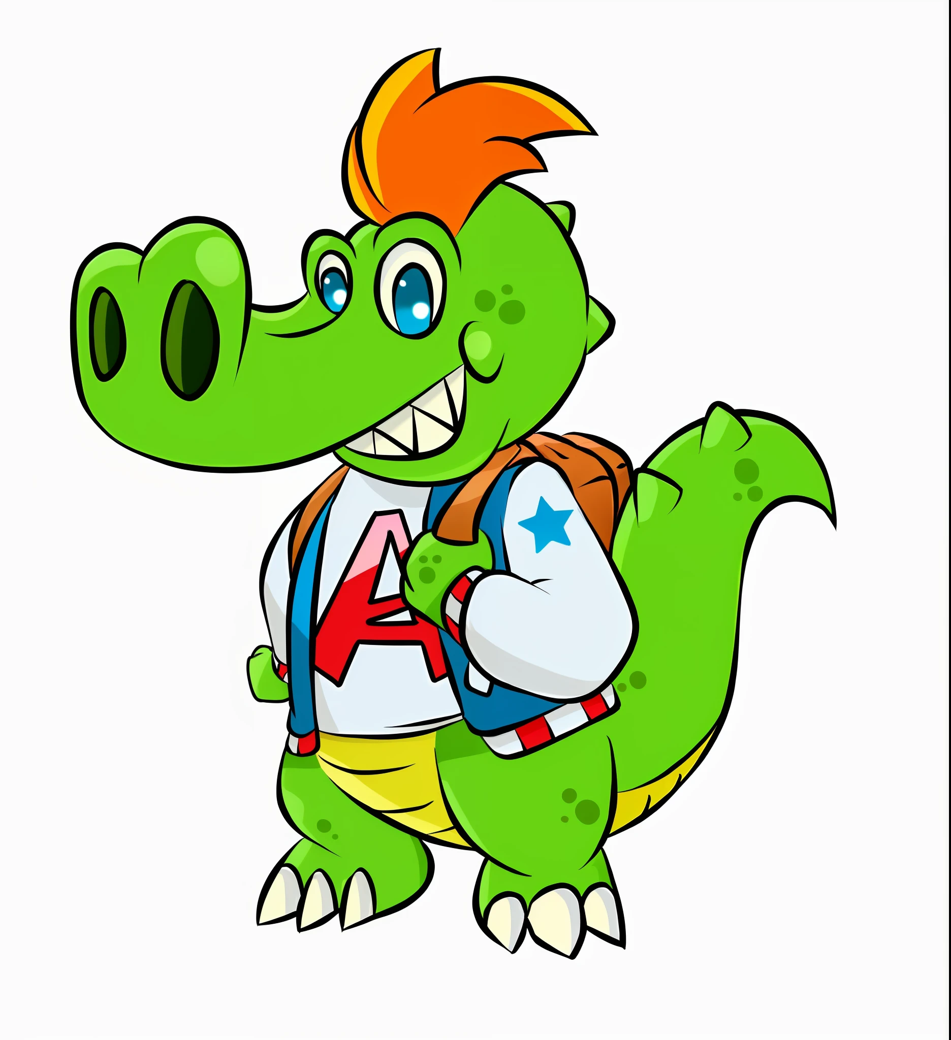 cartoon illustration of a green alligator carrying a backpack and a backpack, anthropomorphic alligator, inspirado em Abidin Dino, Crocodilo Loki, as an anthropomorphic dragon, anthropomorphic turtle hero, as an anthropomorphic turtle, mascot illustration, half shark alligator half man, an anthropomorphic turtle, official character illustration, Caractere mesclado