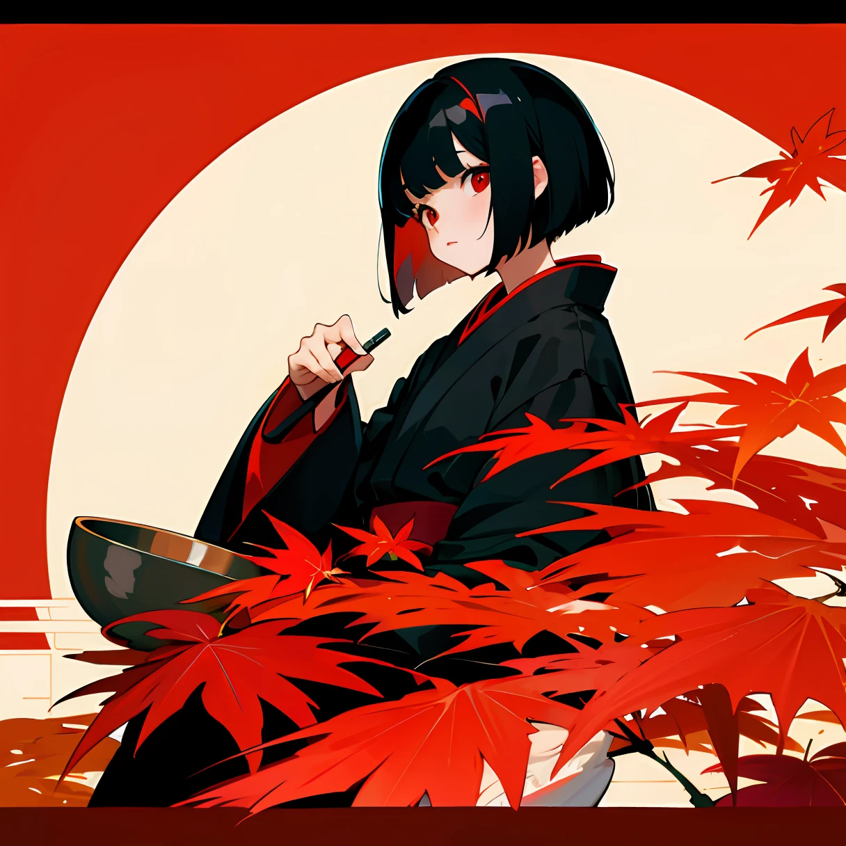 Japanese girl, anime, red eyes, bowl cut hair, black hair with red undertones, maple leaves, gentle expression.