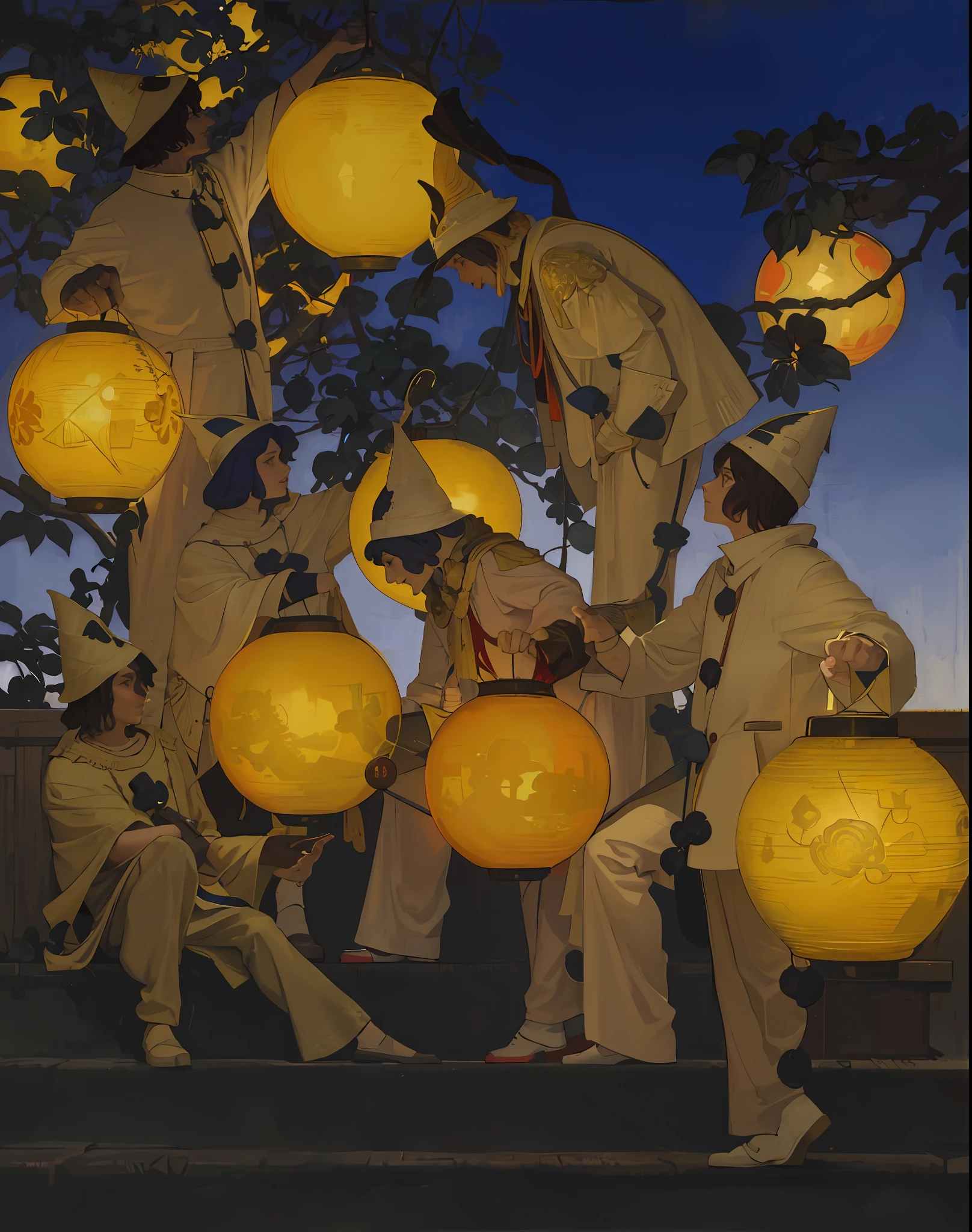 Painting of a group of people with red lanterns hanging from a tree, Direction: Maxfield Parrish, por Georges de La Tour, Maxfield Parrish!!!!, inspirado em Georges de La Tour, Sergey Zabelin, Estilo de Maxfield Parrish, lanternas amarelas, inspirado em Maxfield Parrish, (fantasia), Carlos Shwabe, Andrey Remnev, Norman Rockwell. detalhado, 4k