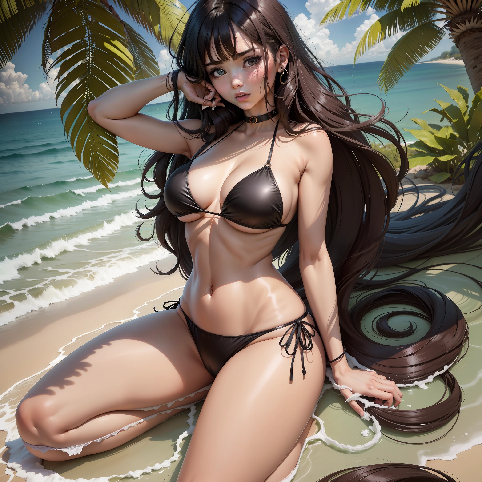 Animes, Garota, Cabelos pretos curtos, corte chanel, olhos vermelhos, peituda de biquini, seios grandes, loose bra, Wide bikini, Loose bikini , white bikini, molhada,levemente musculoso, facing the camera, Corpo todo,