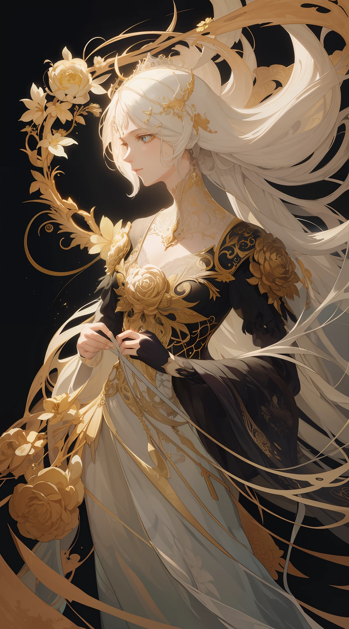 (skeleton like:0.4), ((female ornate princess)), (with white long flowing hair), (bright beautiful eyes), trending on artstation, flowers of hope by Jean-Honor Fragonard, Peter mohrbacher, hyper detailed, insane details, stunning, intricate, elite, art nouveau, ornate, liquid wax, elegant, luxury, Greg Rutkowski, ink style, sticker, vector-art beautiful character design, double exposure shot, luminous design, award winning, masterpiece, amoled black background,