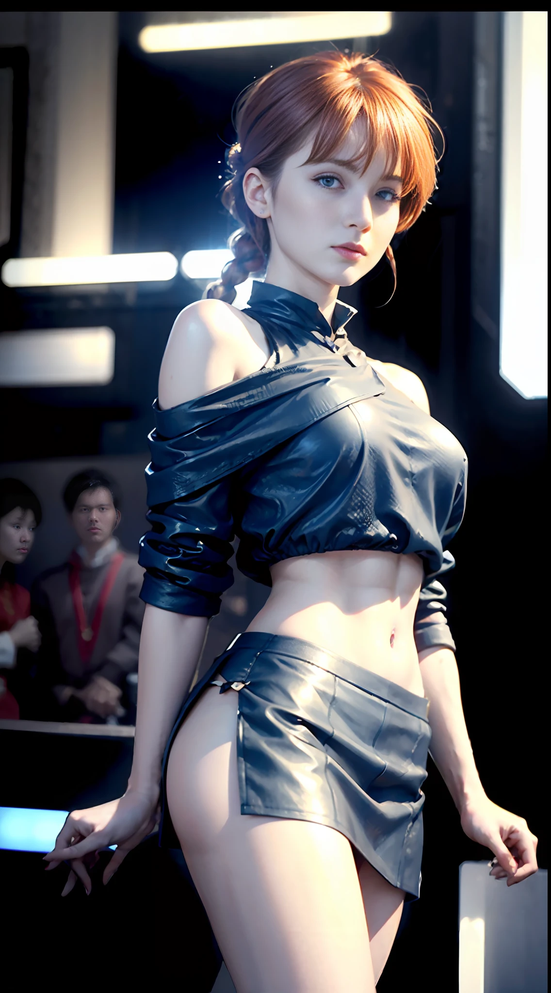 ((Masterpiece)), (detail: 1.4), (realisticity:2), (Ranma-chan: 2.1), (braided ponytail, single ginger braid ), provocative smile, open lips, leaky belly button, (vibrant blue eyes), RAW, Masterpiece, Ultra Fine Photo,, Best Quality, Ultra High Resolution, Photorealistic, Sunlight, Full Body Portrait, Stunningly Beautiful,, Dynamic Poses, Delicate Face, Vibrant Eyes, (Side View) , she is wearing a futuristic red tangzhuang, skinny blue leather miniskirt, off shoulders, very detailed background, detailed face, detailed busy background, messy, gorgeous, milky white, high detailed skin, realistic skin detail, visible pores, sharp focus, volumetric fog, 8k uhd, dslr, high quality, film grain, fair skin, photorealism, lomography, sprawling metropolis in a futuristic dystopia , seen from below, translucent