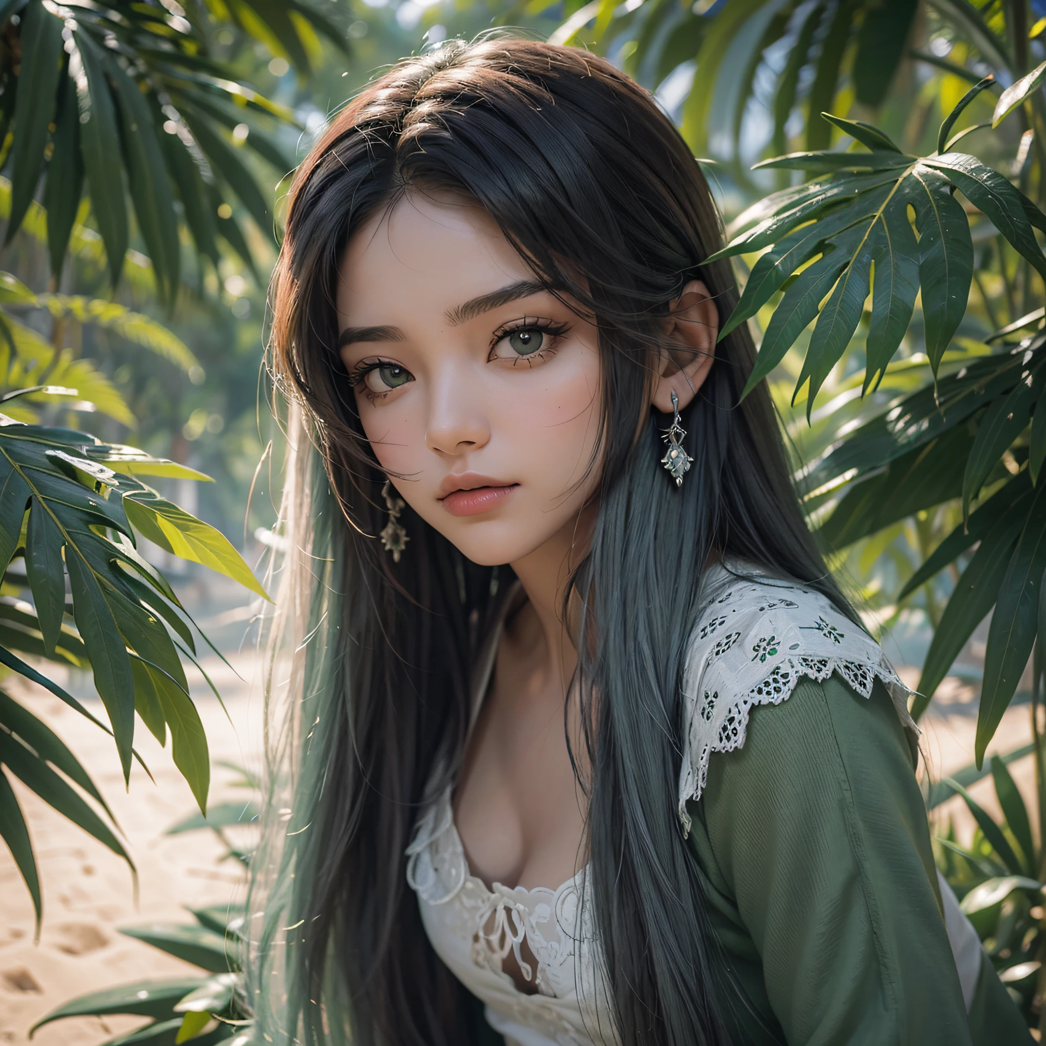 (obra-prima: 1.2), (melhor qualidade: 1.2), olhos perfeitos, rosto perfeito, perfect lighting, photo session, 1girl, mulher madura vestindo SSAHC, SSAHC, de pele clara, olhos verdes, vestido tribal colorido, cocar, thick eyelashes, maquiagem, sombra, middle hair, oasis, deserto fundo detalhado ao ar livre --auto --s2