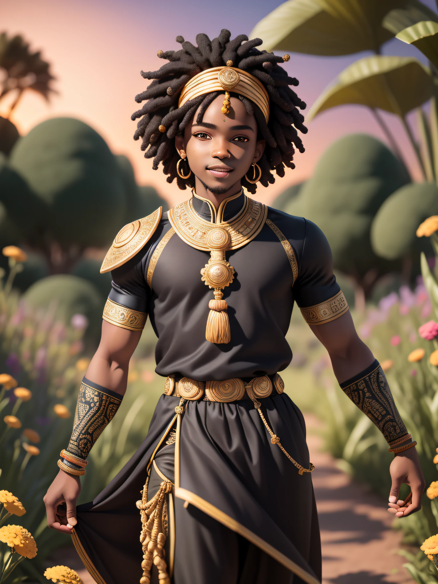 (masterpiece),(best quality),(ultra-detailed), (full body:1.2), black man, male, short hair, teenage, typical african clothing, black clothes, prince, light smile, turban, African, cover in back, :3, afro clothes, blurry, black hair, brown hair, flower, background abstract, sunset (beautiful detailed face), (beautiful detailed eyes), flower, outdoors