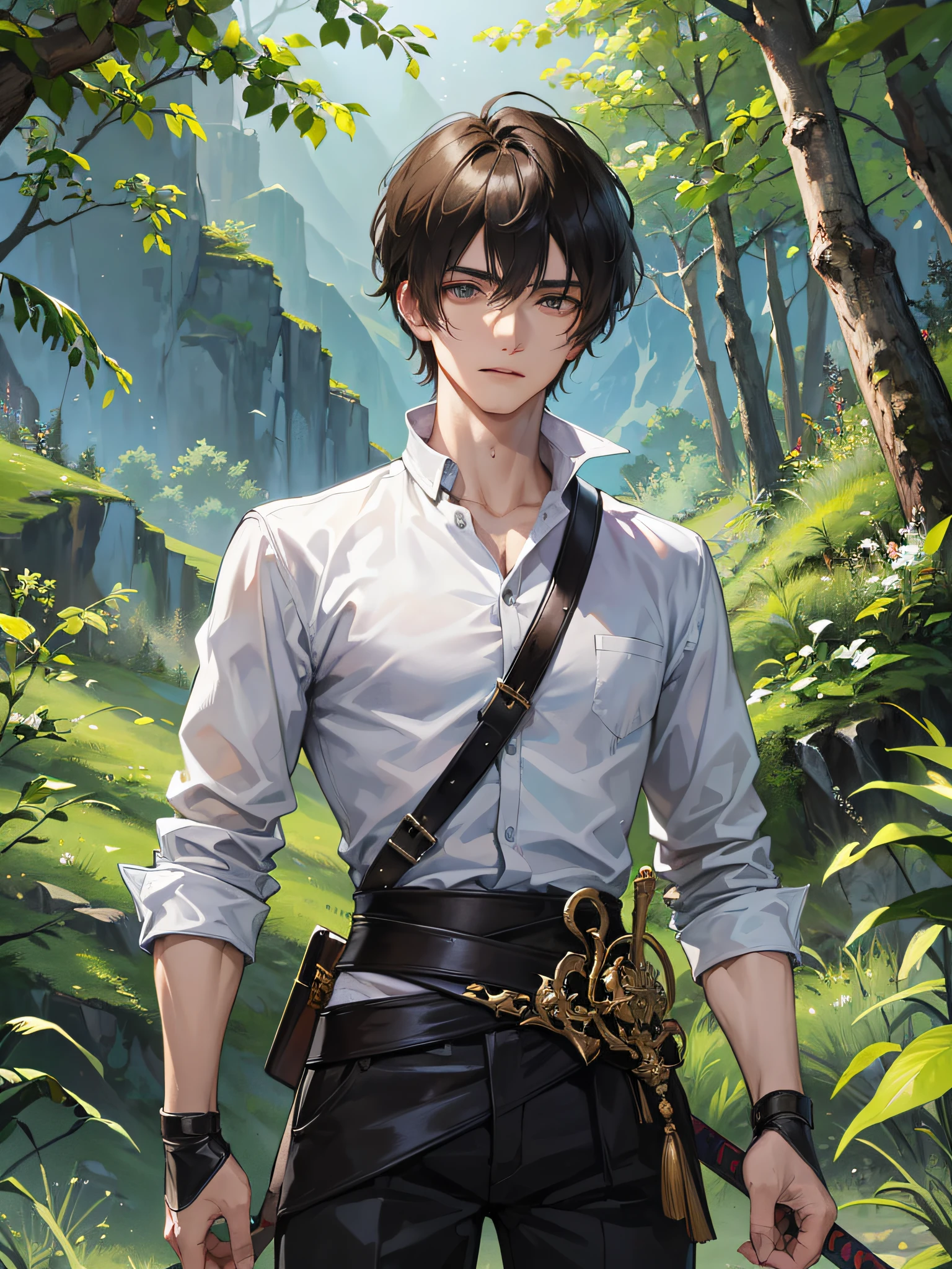 a masterpiece,of the best quality,a man,Short hair in the black,Wear casual attire,There is a waist tag hanging around the waist,The expression is serious,Holding a long sword,Standing in the middle of the mountains and forests