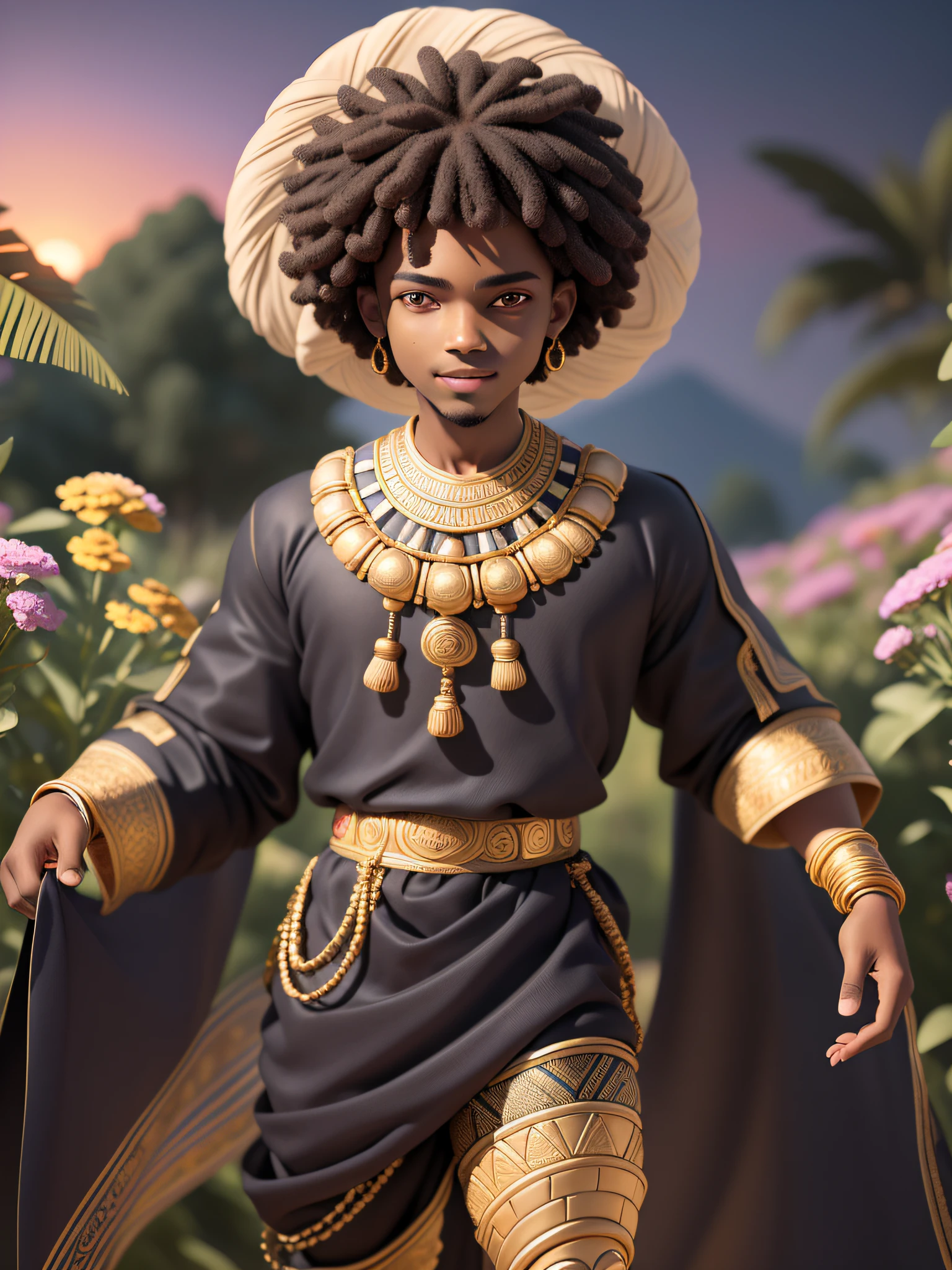 (masterpiece),(best quality),(ultra-detailed), (full body:1.2), black man, male, short hair, teenage, typical african clothing, black clothes, prince, light smile, turban, African, cover in back, :3, afro clothes, blurry, black hair, brown hair, flower, background abstract, sunset (beautiful detailed face), (beautiful detailed eyes), flower, outdoors