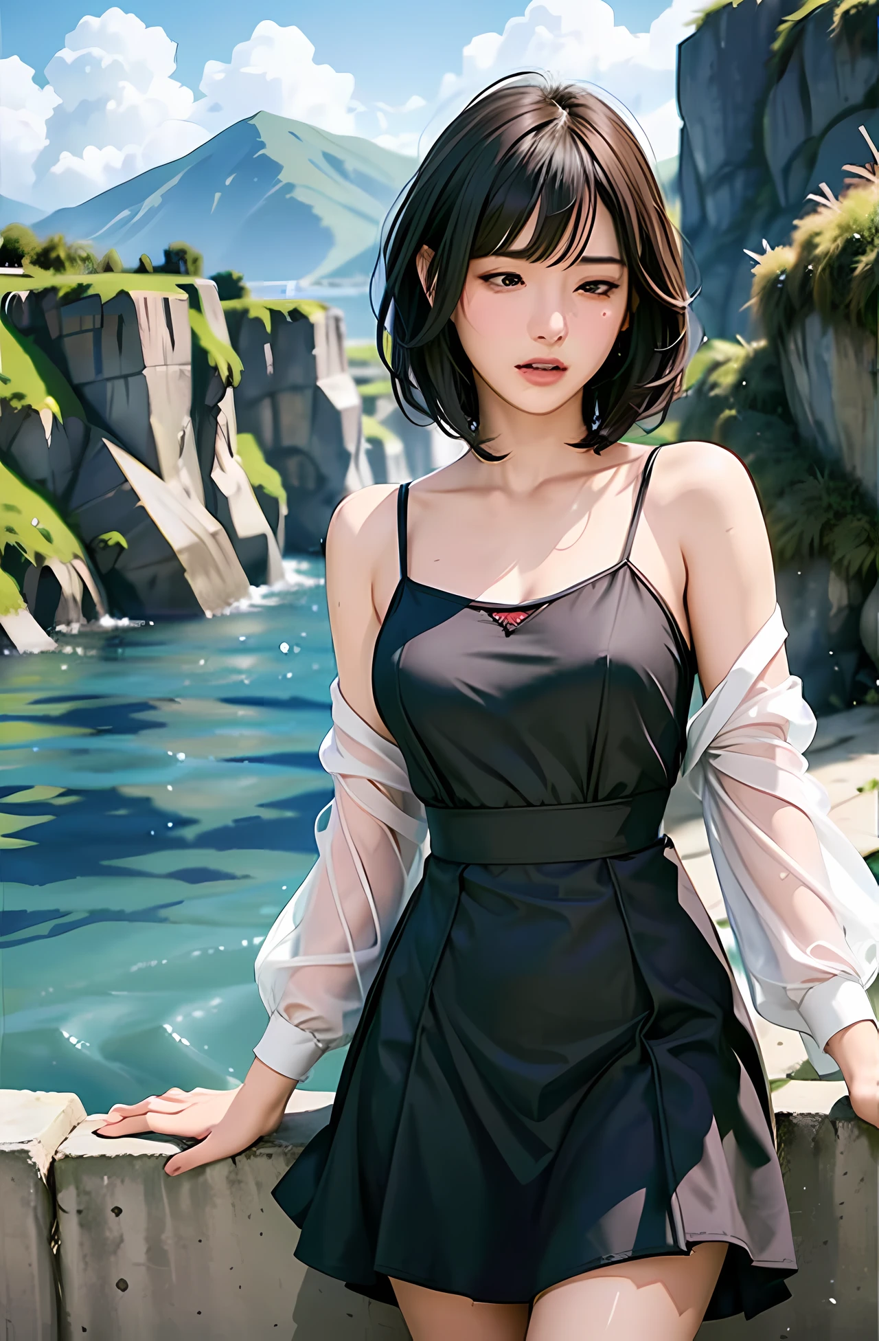 a woman solo of a young woman with short black hair, wearing a red hood and green sweatshirt, standing at the edge of a cliff looking out at the water at the water, The woman has black hair and blue eyes, The woman is wearing a flowing white dress, The girl has dark brown hair and her eyes closed, She is wearing a flowing white dress, One of the other is blowing in the air, The couple is bent and her hands, The girl is behind her, and her