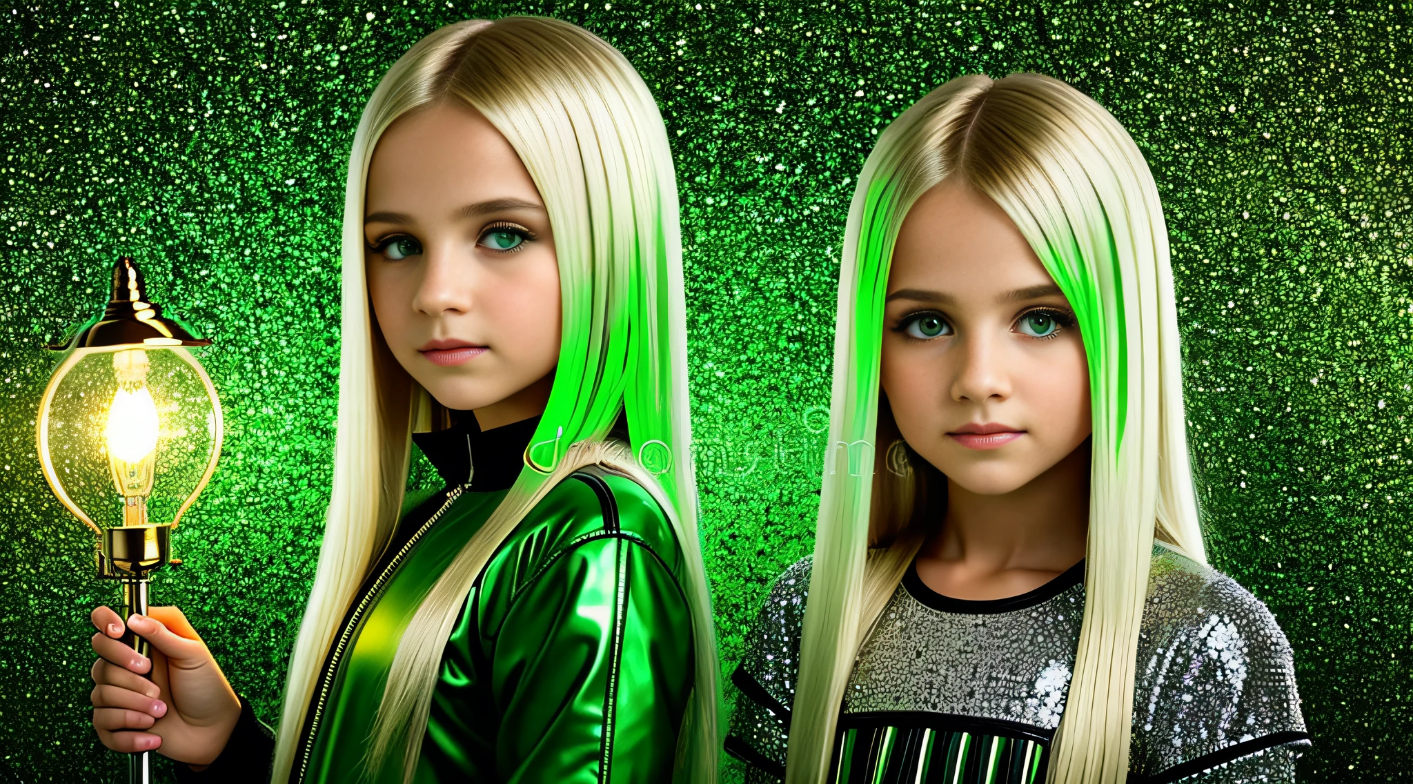 girls russian with 15 yearsNG STRAIGHT BLONDE HAIR, ESTILO RETRATO, jaqueta de couro preta, who are holding a lamp, imagem promocional do filme, promotional image, Imagem promocional, Arte Promocional, next gen, verde brilhante, brilho verde, Programa de TV, olhos verdes brilhantes, arte chave, Brilho Verde, neon verde, olhos verdes sobrenaturais, photo render, enigmatic!!, Cor ainda, imagem renderizada