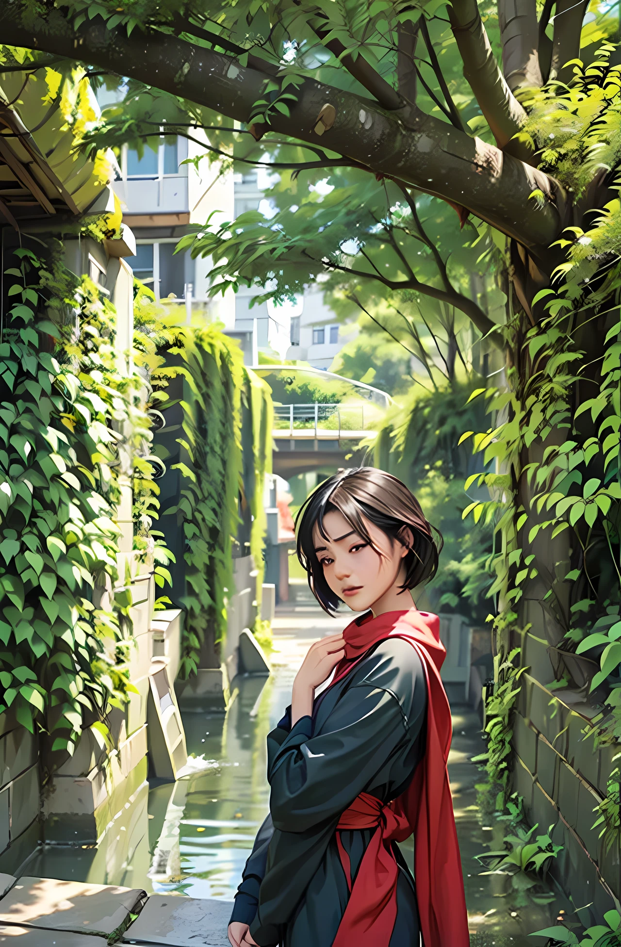 a woman solo of a young woman with short black hair, wearing a red hood and green sweatshirt, standing at the edge of a cliff looking out at the water at the water, The woman has black hair and blue eyes, The woman is wearing a flowing white dress, The girl has dark brown hair and her eyes closed, She is wearing a flowing white dress, One of the other is blowing in the air, The couple is bent and her hands, The girl is behind her, and her