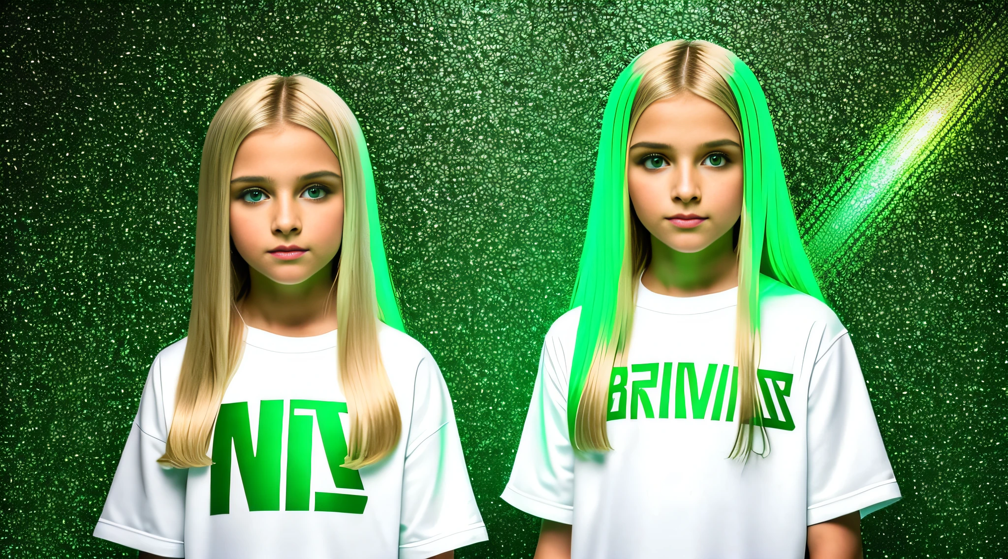 girls russian children with 15 years old WITH LONG STRAIGHT BLONDE HAIR, ESTILO RETRATO, jaqueta de couro preta, who are holding a lamp, imagem promocional do filme, promotional image, Imagem promocional, Arte Promocional, next gen, verde brilhante, brilho verde, Programa de TV, olhos verdes brilhantes, arte chave, Brilho Verde, neon verde, olhos verdes sobrenaturais, photo render, enigmatic!!, Cor ainda, imagem renderizada