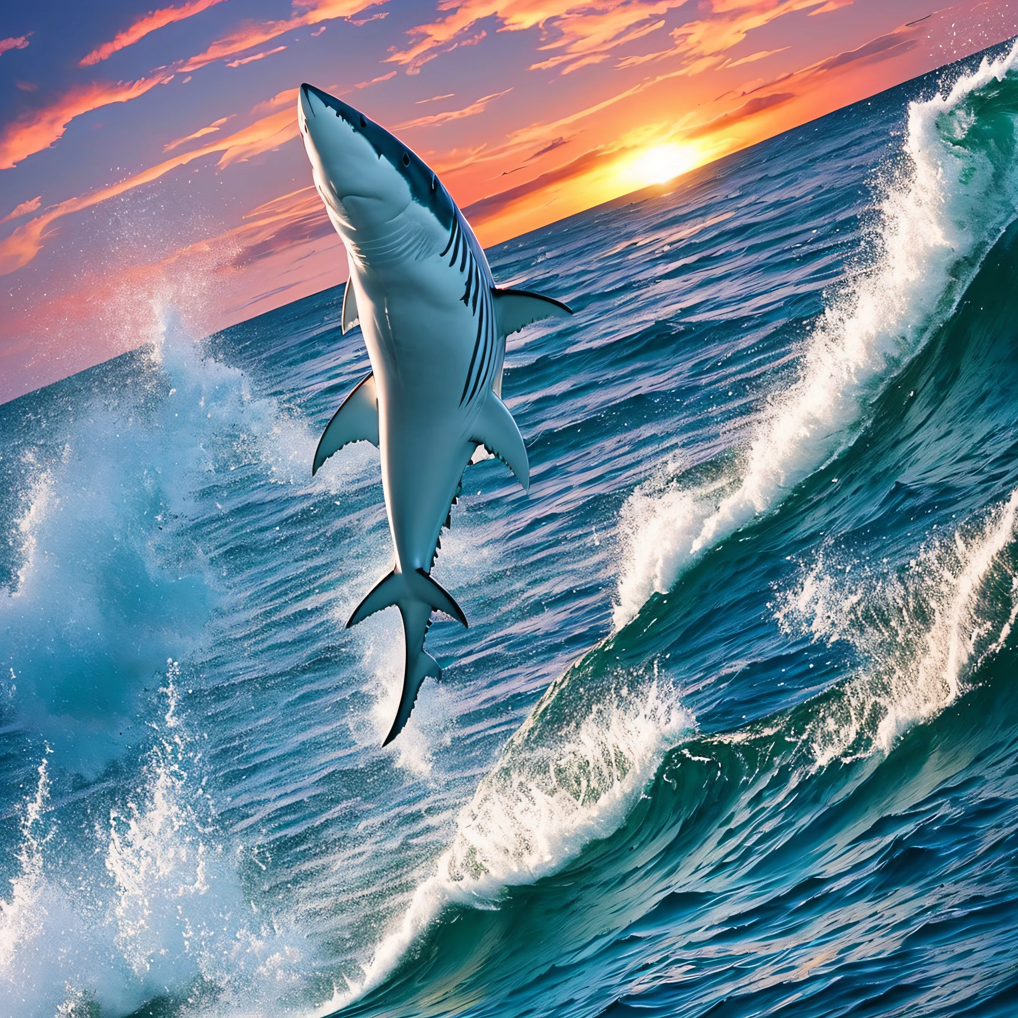 Create image of sharks jumping towards the sky. They are white sharks and the sea is rough. The Red Sky. --auto --s2