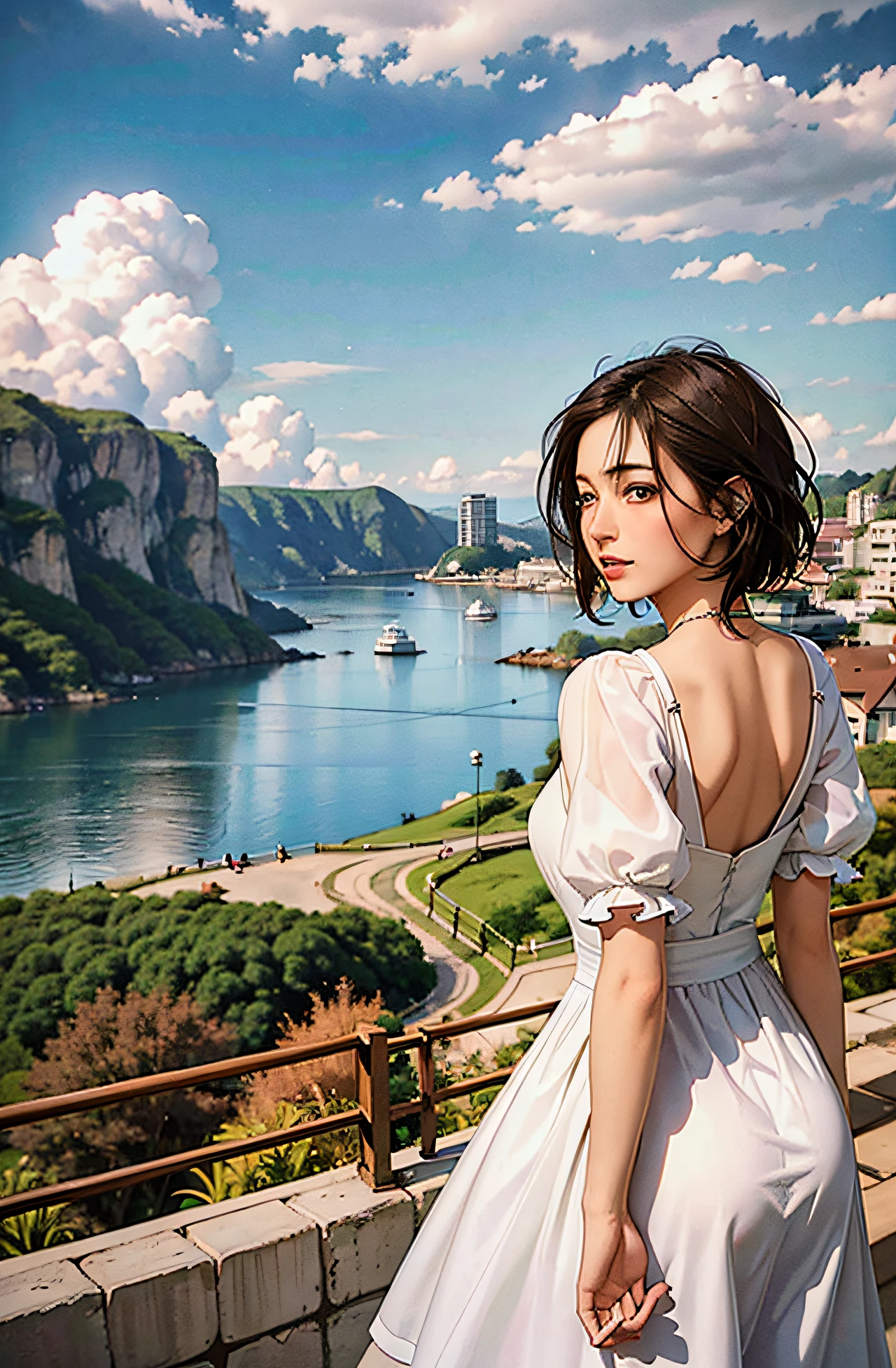 a woman solo of a young woman with short black hair, wearing a red hood and green sweatshirt, standing at the edge of a cliff looking out at the water at the water, The woman has black hair and blue eyes, The woman is wearing a flowing white dress, The girl has dark brown hair and her eyes closed, She is wearing a flowing white dress, One of the other is blowing in the air, The couple is bent and her hands, The girl is behind her, and her