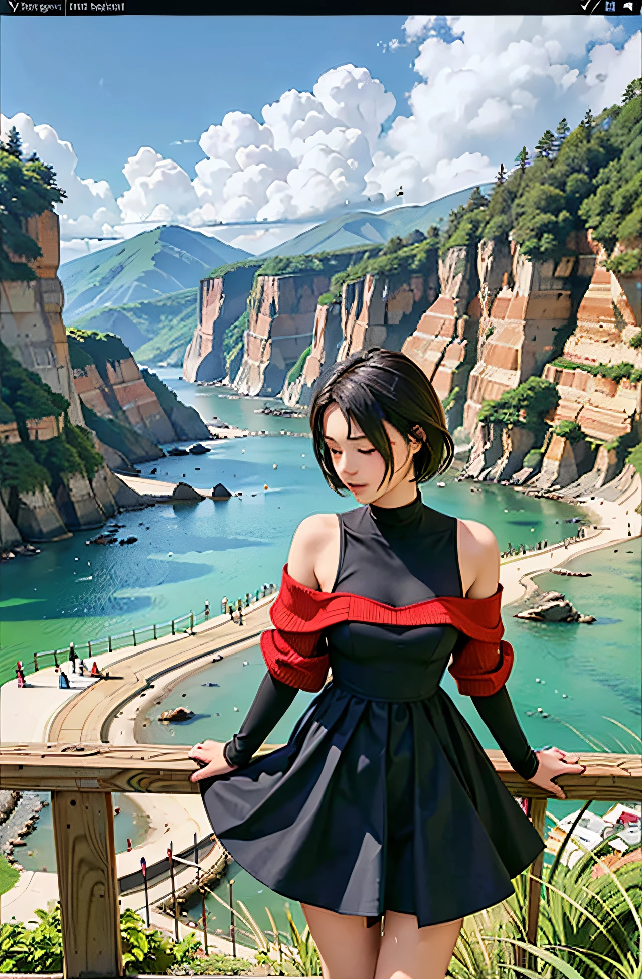 a woman solo of a young woman with short black hair, wearing a red hood and green sweatshirt, standing at the edge of a cliff looking out at the water at the water, The woman has black hair and blue eyes, The woman is wearing a flowing white dress, The girl has dark brown hair and her eyes closed, She is wearing a flowing white dress, One of the other is blowing in the air, The couple is bent and her hands, The girl is behind her, and her