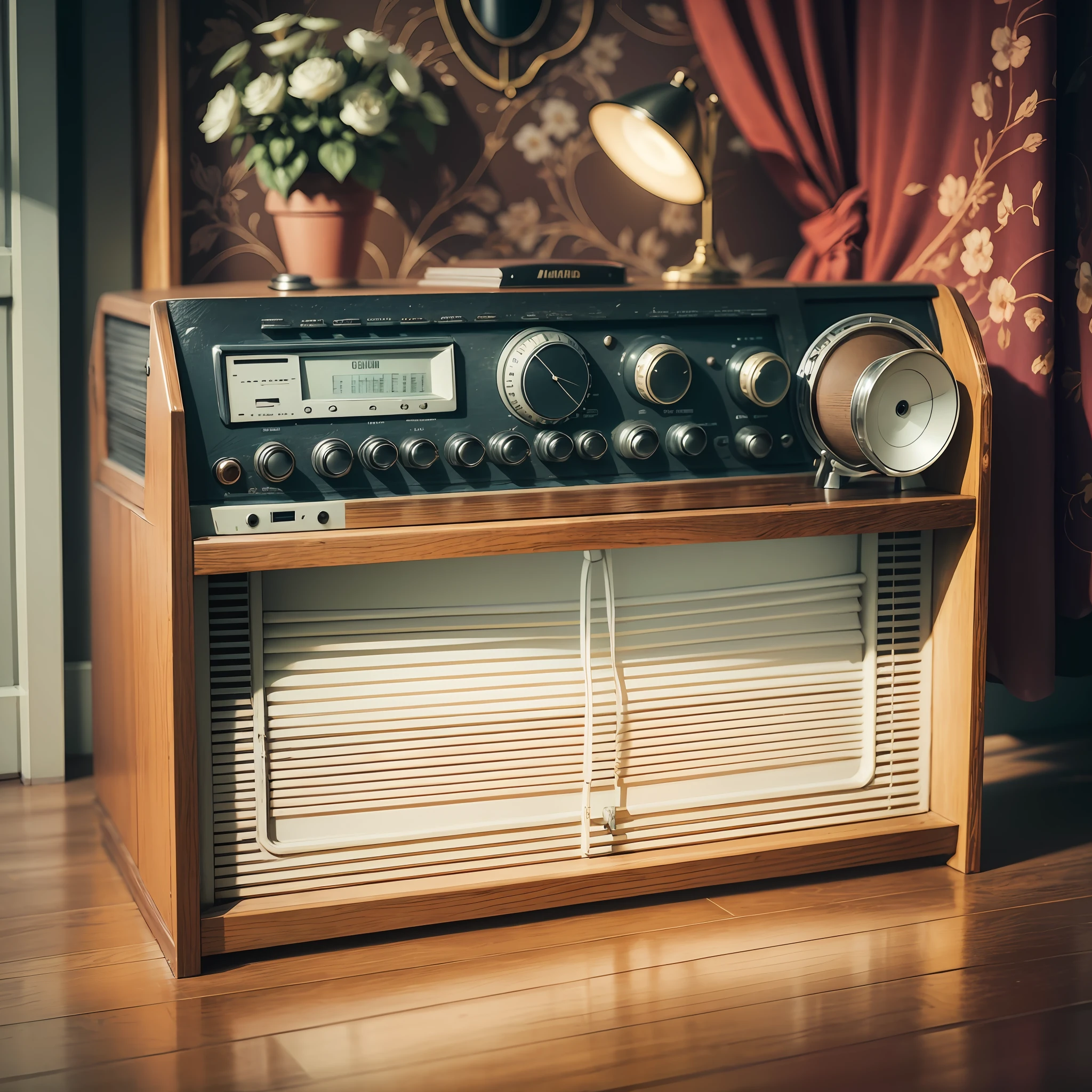 Old radio, um modelo elegante dos anos 40 com corpo de madeira polida, alto-fabric speaker and large, shiny buttons, Set on an oak table in a retro living room with floral wallpaper, wooden plank floors and a lighted lampshade on the side, highlighting a warm and nostalgic atmosphere, fotografia, lente prime de 50mm, abertura f/1.8, ISO 100, velocidade do obturador 1/60s, --ar 16:9 --v 5 --auto --s2