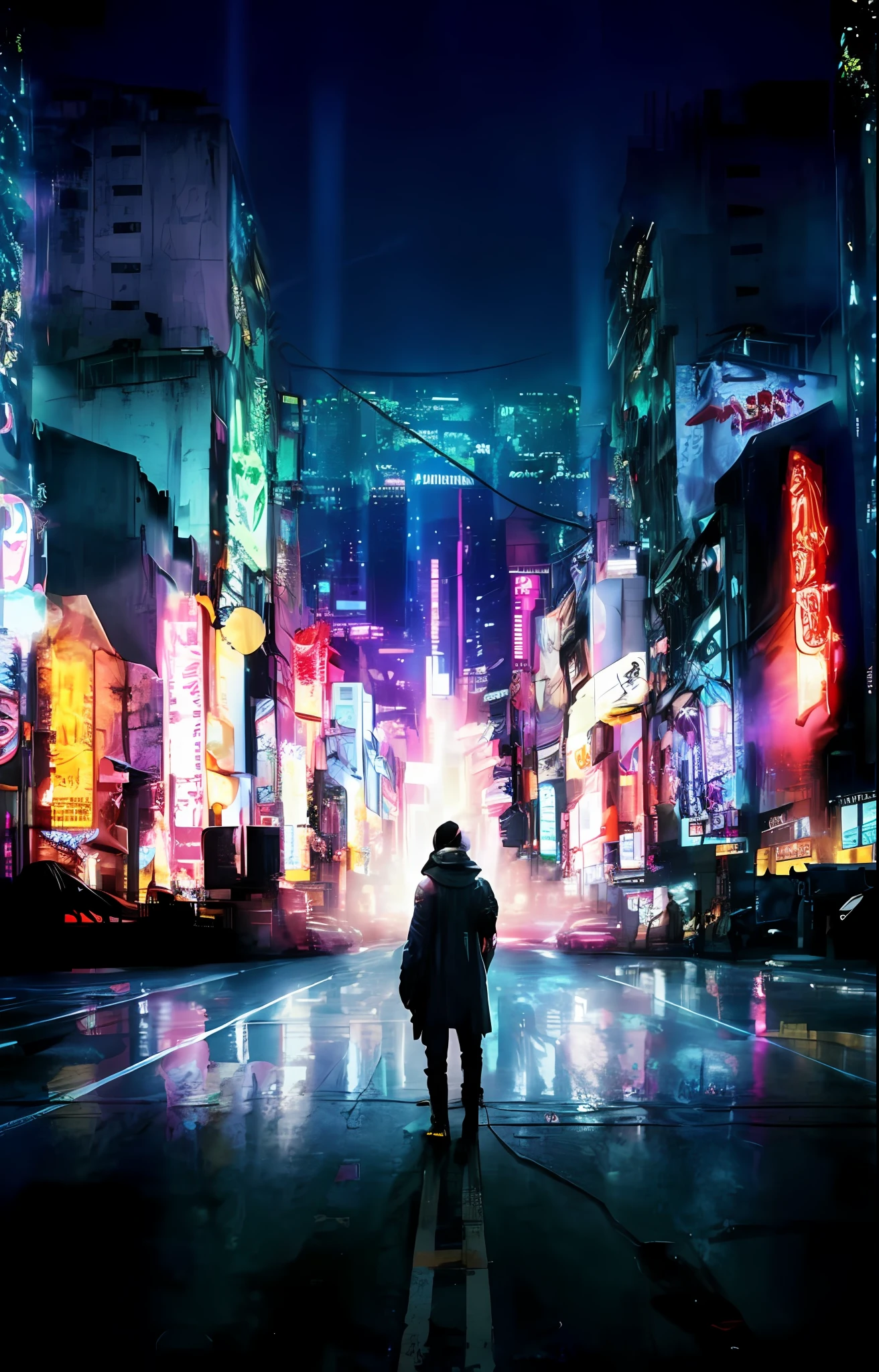 a person standing on a city street at night with neon lights, em Bladerunner City, Rua Bladerunner, em uma cidade cyberpunk futurista, Como uma cena de Blade Runner, blade runner vibes, em cyberpunk city, em uma cidade cyberpunk, luzes cyberpunk, in front of a sci fi cityscape, Cidade Blade Runner, em uma cidade cyberpunk, em uma cidade cyberpunk