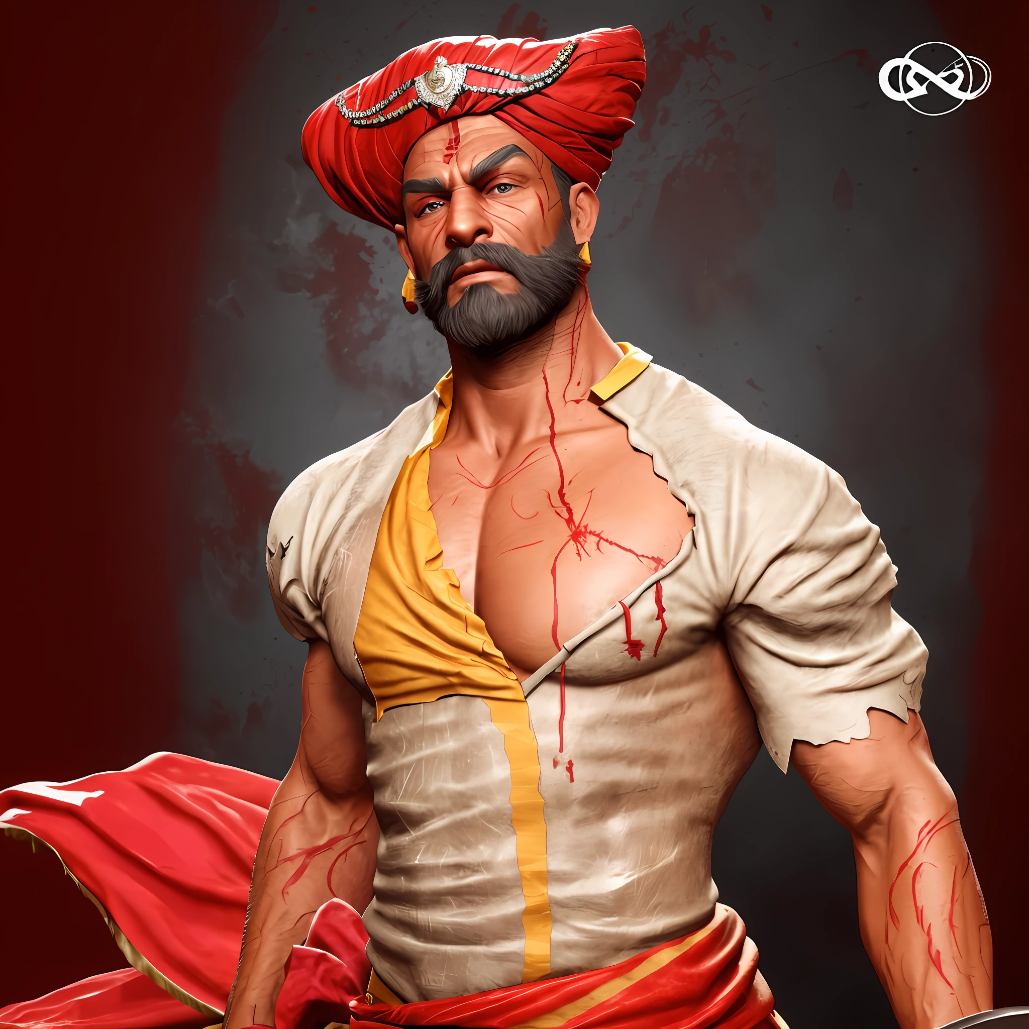 warrior on battle field, (leather chest armour), night setting, after battle, warrior man with a beard and a turban on, indian warrior, 3 d character art, muscular character, an angry muscular army general, high detail iconic character, portrait of a rugged warrior, 3 d character render, 3d character realistic, 3 d character concept artwork, cyborg hindu godbody, 3 d render character art 8 k, portrait of a male warrior