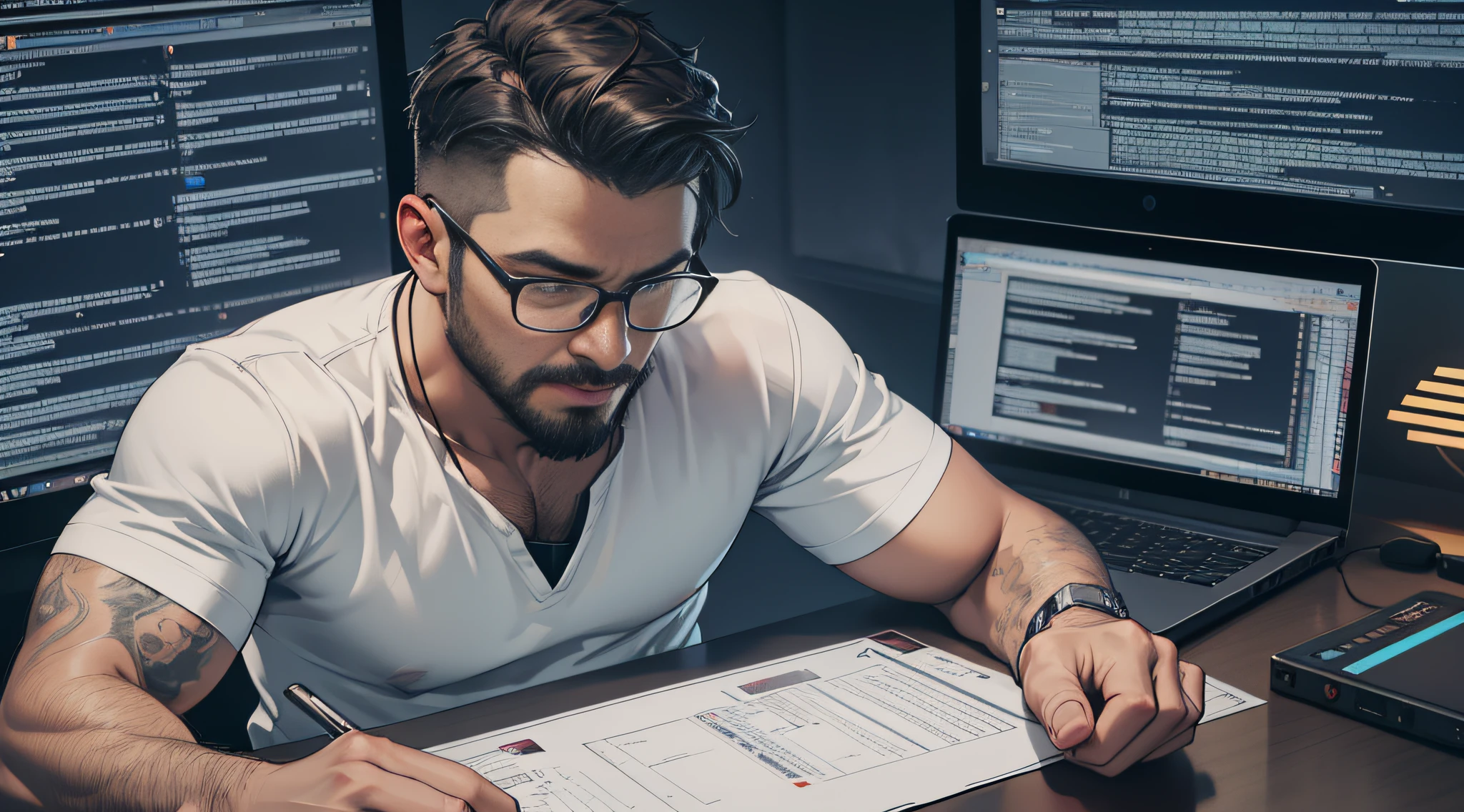 Realistic successful man coding on laptop in gaming room, artstation trends, highly detailed, intricate, sharp focus, digital art, 8 k add text in the middle of the image "filter(Boolean)"