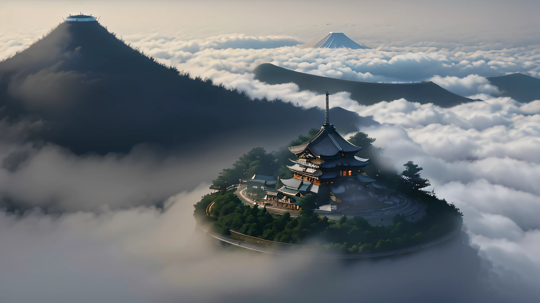 (floaty,detailed) 3D rendering of a (cinematic setting:1.2) (Japanese city:1.3) (high on the mountain) (with fog:1.5).