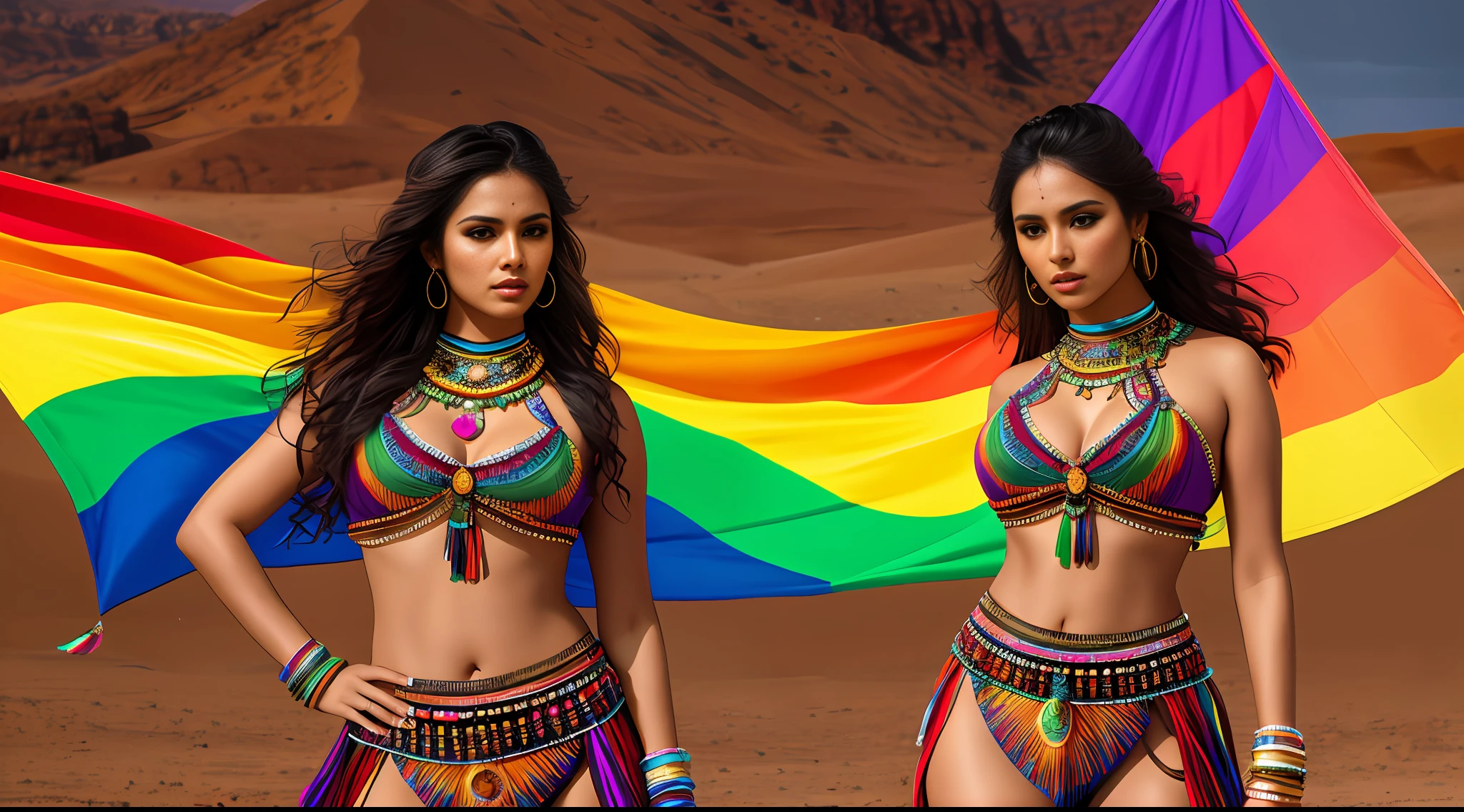 create Mariana Davalos in Full body photography of the most beautiful artwork in the world, a beautiful woman in intricate costume burning in the desert, rainbow colors, ArtStation, CGSociety, complex, high detail, clear focus, dramatic, realistic pictorial art trends Greg Rutkovsky