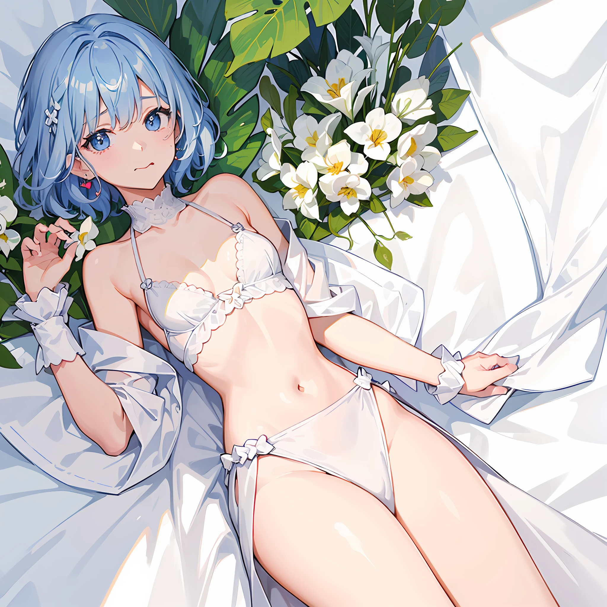 (Masterpeace:1.3), (maximum quality:1.3), High res, Upper body from chest up、 angle from above、 Hiding the body with a cloth、 Sleeping in bed、 (pretty 1girl:1.3), solo、、, White Skin、tiny breasts、8-headed person、 (light blue hair)、((very short hair))、dull bangs、beautiful hair、blue eye、Beautiful Detailed Eyes、 (out tongue:1.4)、 I'm shy、Crying、 Heart Earrings、 White Room、 morning、 shadow lighting、