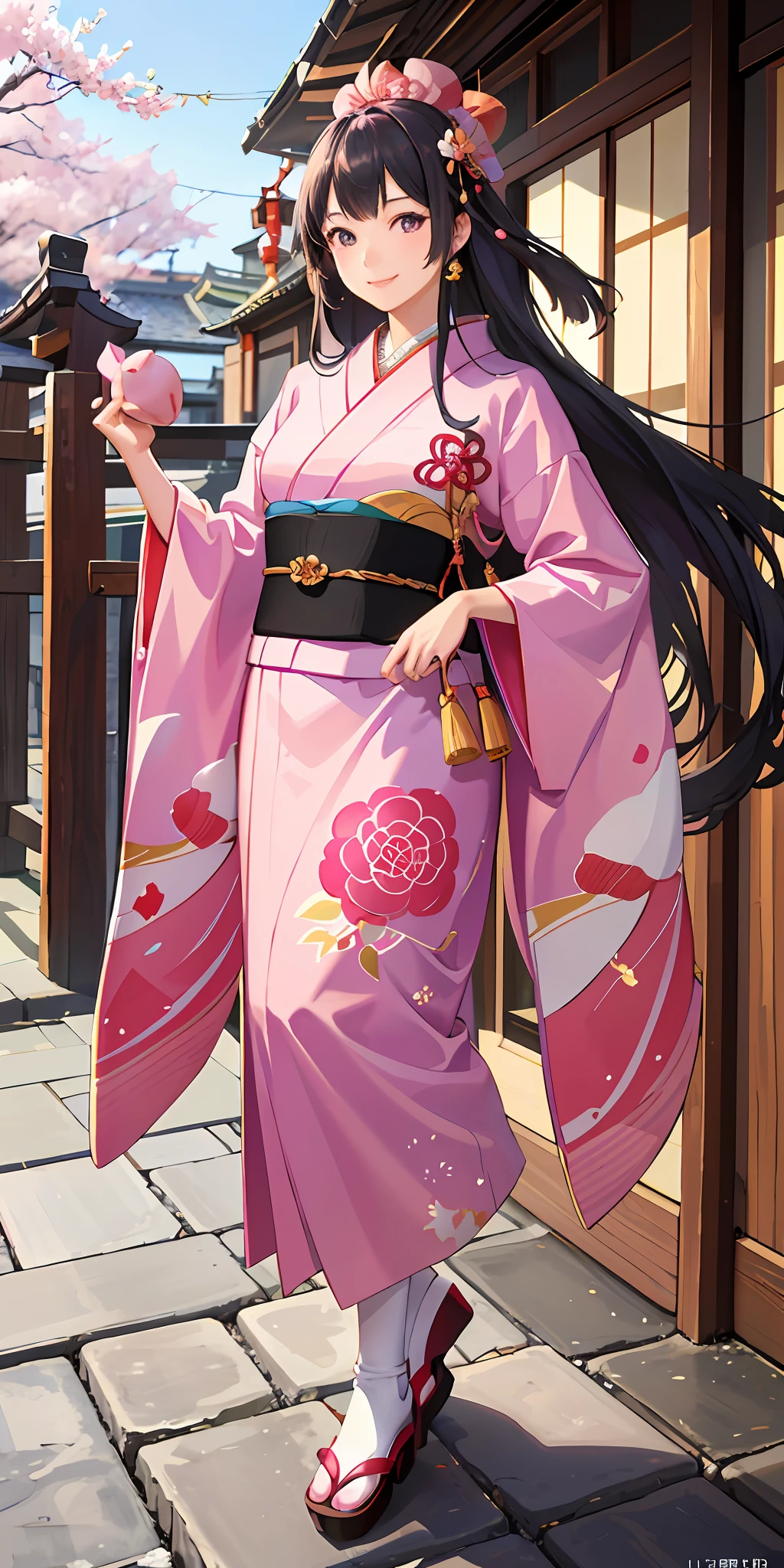 (RAW photos、maximum quality)、(lifelike、photorealistic:1.3)、MASTERPIECE、Extremely Delicate and Beautiful、Highly detailed、dnd、Unity、2k wallpaper、astonishing、Fine details、light grin smile、Highly detailed ticker Unity 8k wallpaper、Huge File Size、Super Detailed、High res、absurdress、 In the heart of the bustling Japan capital of Edo、Girl in traditional costume of Japan walks through a crowded street。Her kimono with glasses decorated in bright shades of pink and purple、It rocks gently with each step。She holds a delicate peach in one hand.、Intricately decorated with colorful designs of cherry blossoms and cranes。