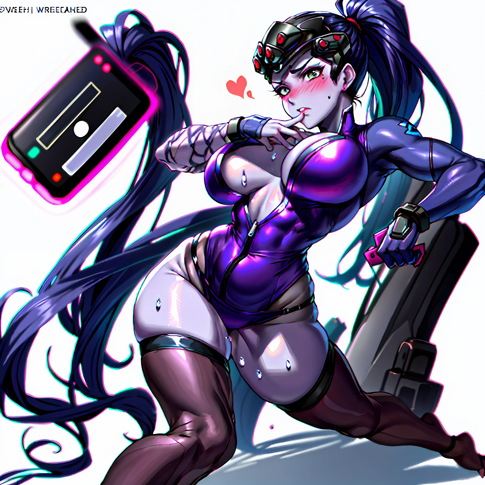 Widowmaker from overwatch, big breasts, pin up, sweaty, ahegao, blush, long hair, ponytail, long hair, dark skin, purple skin, full body, visor, hands covering chest, topless, phone background, undressing, zipping down, covered, pressing breasts together, bending over, correct anatomy, thick, thicc, shy, gorgeous, beautiful