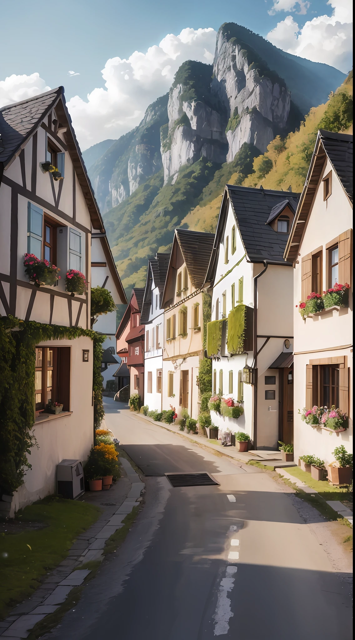 photo of "Village on a Walk", It is a small village located in Bavaria, Germany, The surroundings are very quiet and scenic。This photo shows a local restaurant early in the morning, You can see its central location in the village, And the scenery around it is very beautiful, Suitable for choosing a travel accommodation during your holiday。, smile,、, 35mm, panoramic view, ultra HDR, retina