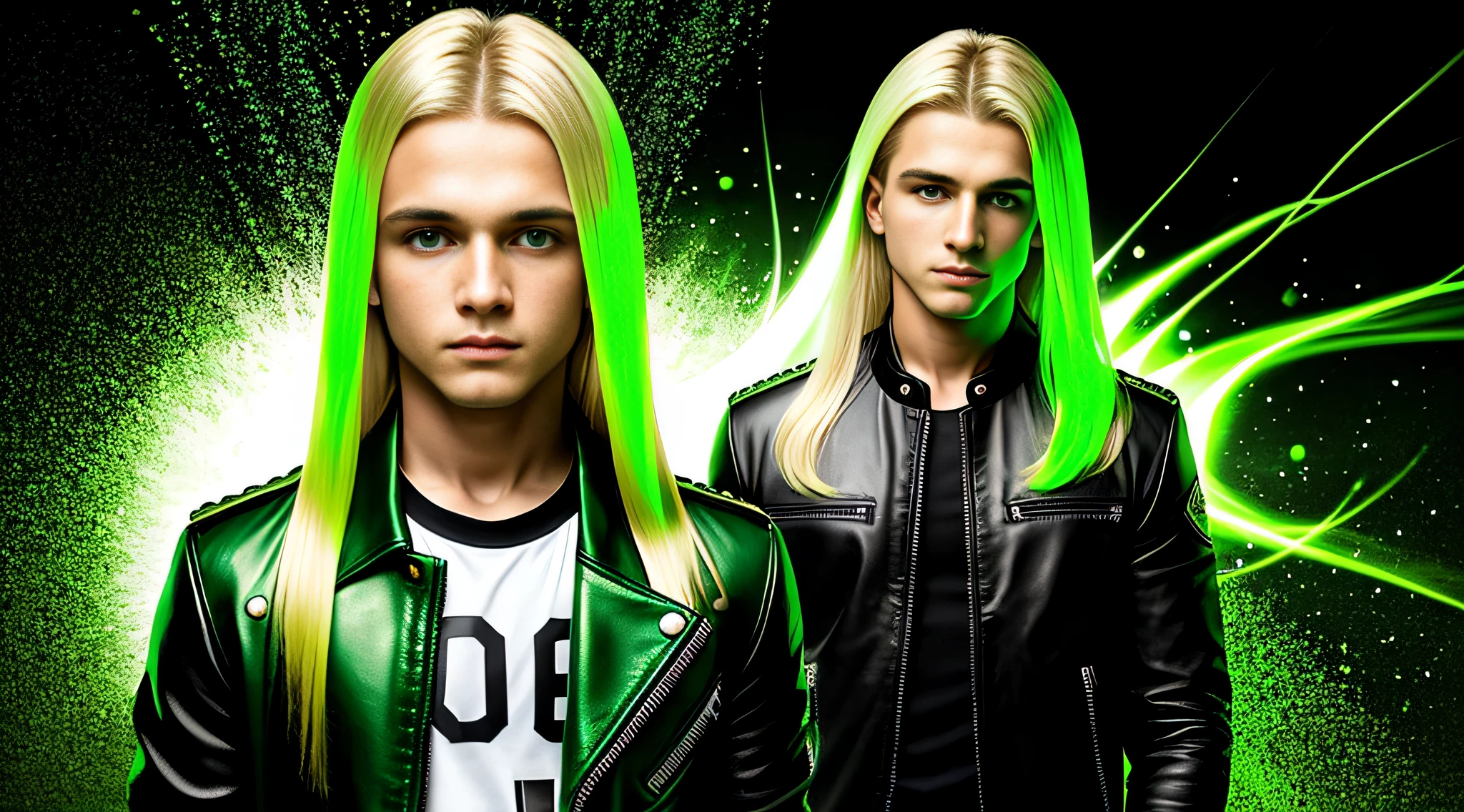 Russian children boys with 15 years old WITH LONG STRAIGHT BLONDE HAIR, ESTILO RETRATO, black leather jacket that are holding a lamp, imagem promocional do filme, promotional image, Imagem promocional, Arte Promocional, next gen, verde brilhante, brilho verde, Programa de TV, olhos verdes brilhantes, arte chave, Brilho Verde, neon verde, olhos verdes sobrenaturais, photo render, enigmatic!!, Cor ainda, imagem renderizada