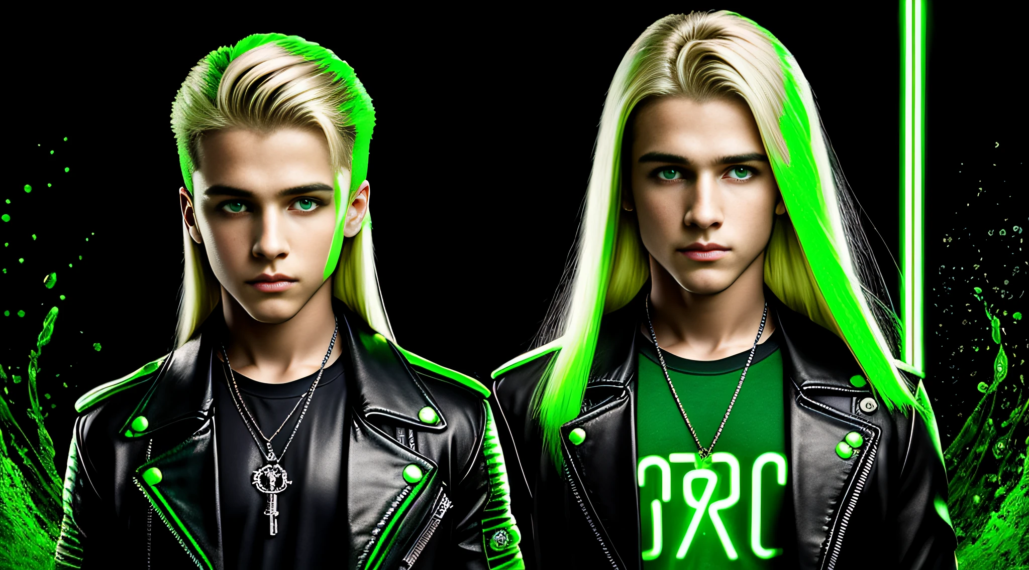 Russian children boys with WITH LONG STRAIGHT BLONDE HAIR, ESTILO RETRATO, black leather jacket that are holding a lamp, imagem promocional do filme, promotional image, Imagem promocional, Arte Promocional, next gen, verde brilhante, brilho verde, Programa de TV, olhos verdes brilhantes, arte chave, Brilho Verde, neon verde, olhos verdes sobrenaturais, photo render, enigmatic!!, Cor ainda, imagem renderizada