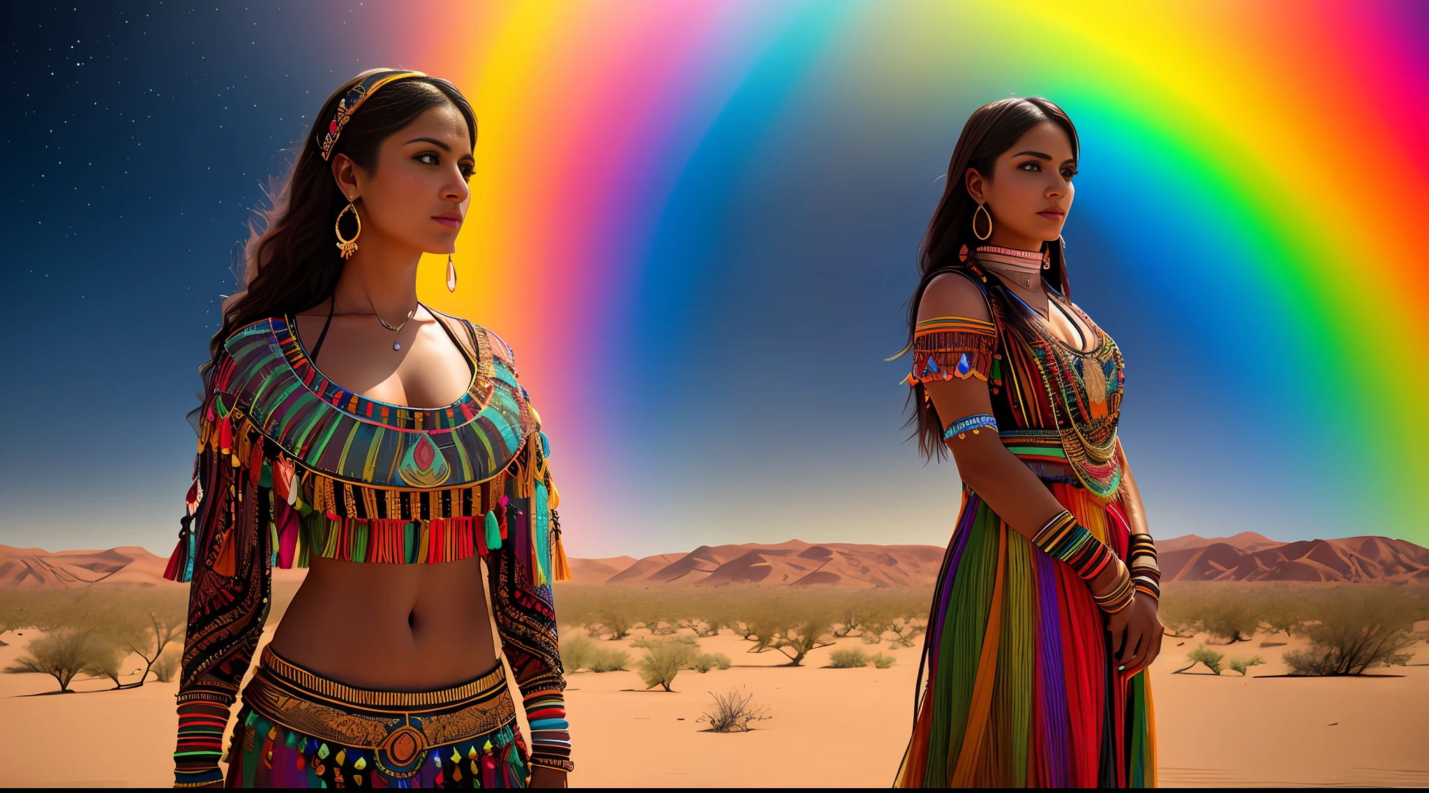 create Mariana Davalos in Full body photography of the most beautiful artwork in the world, a beautiful woman in intricate costume burning in the desert, rainbow colors, ArtStation, CGSociety, complex, high detail, clear focus, dramatic, realistic pictorial art trends Greg Rutkovsky