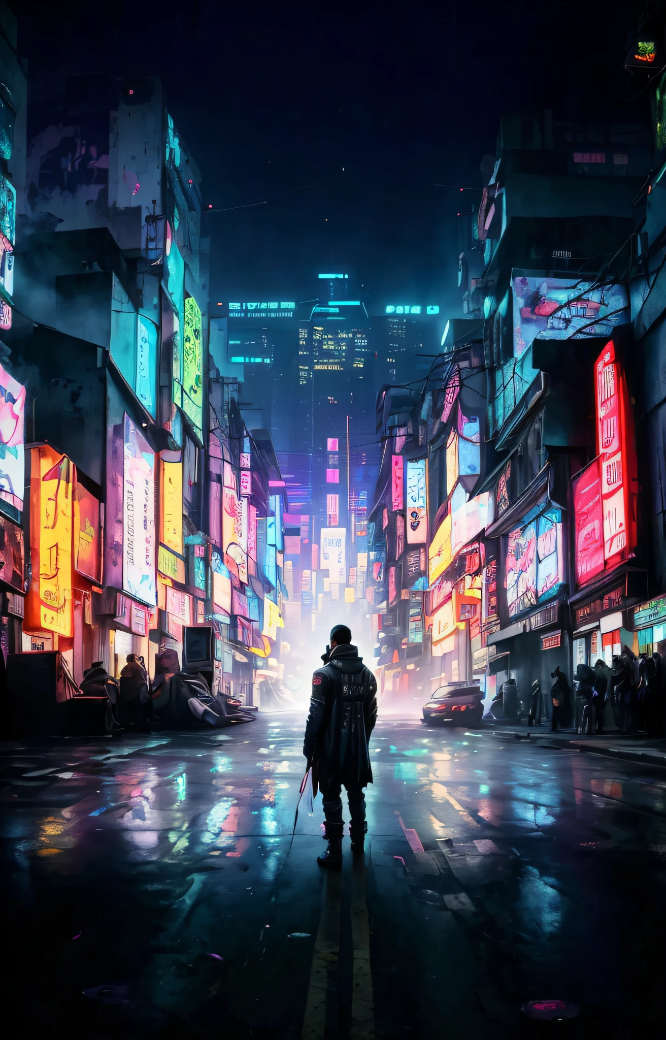 a person standing on a city street at night with neon lights, em Bladerunner City, Rua Bladerunner, em uma cidade cyberpunk futurista, Como uma cena de Blade Runner, blade runner vibes, em cyberpunk city, em uma cidade cyberpunk, luzes cyberpunk, in front of a sci fi cityscape, Cidade Blade Runner, em uma cidade cyberpunk, em uma cidade cyberpunk