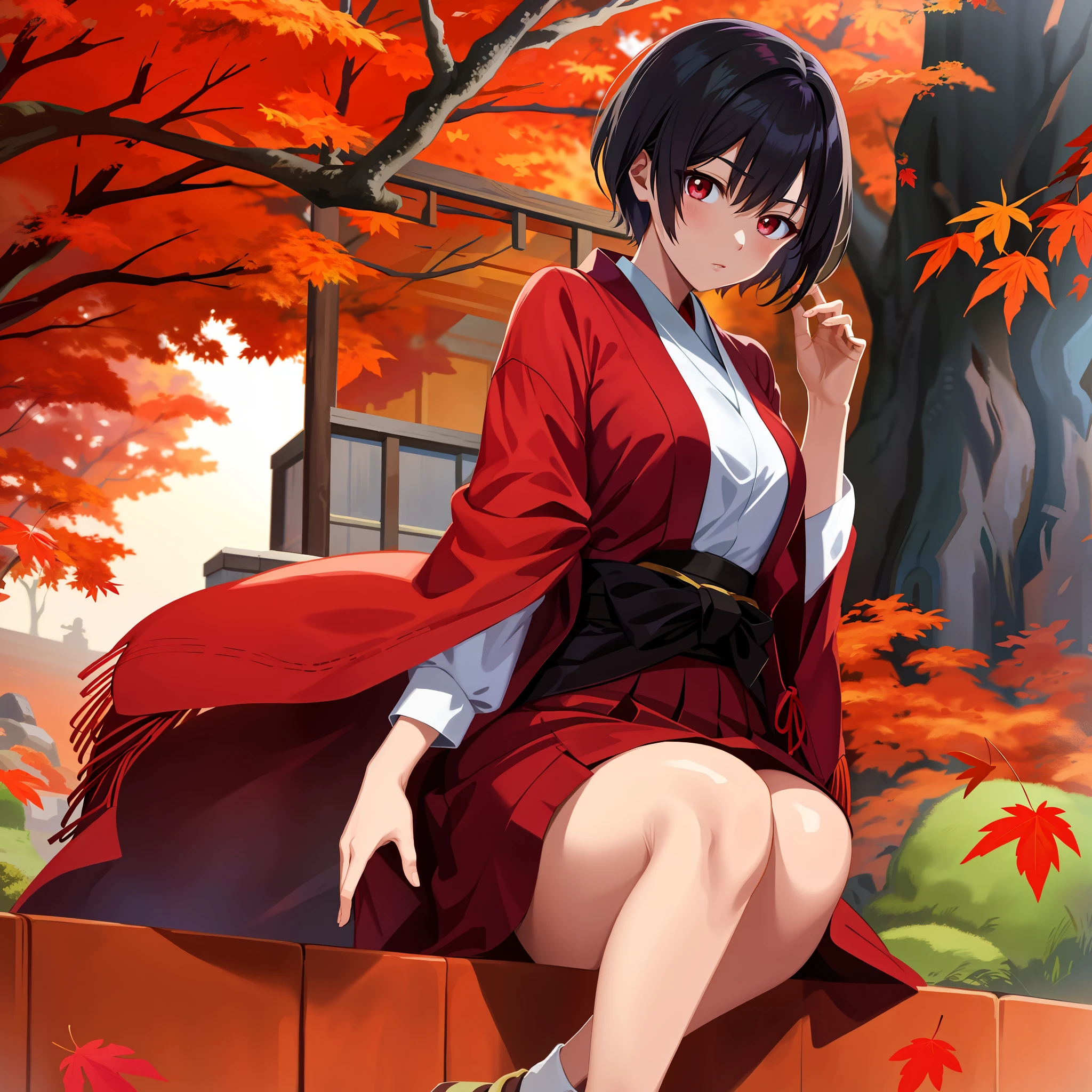 Create an image of an anime-style Japanese girl with distinctive features, portraying a sense of elegance and mystery. The character has a pixie cut hairstyle with dark brown hair featuring subtle red undertones. Her eyes are vibrant red, reflecting intensity and uniqueness. The overall color palette of the image should draw inspiration from the warm and rich hues of maple leaves, evoking a cozy autumn atmosphere.