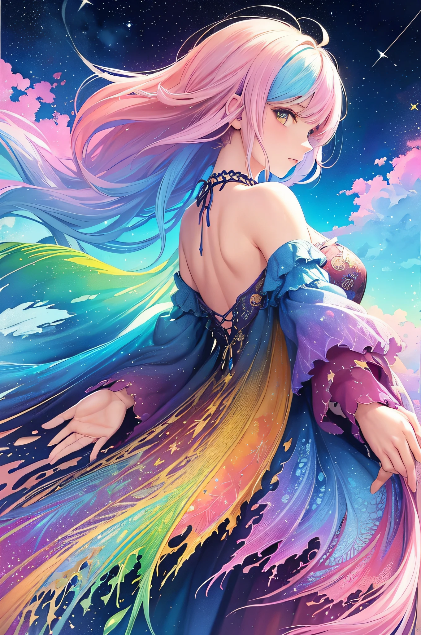 (masterpiece, top quality, best quality,watercolor (medium),official art, beautiful and aesthetic:1.2),(1girl:1.3), (fractal art:1.3),upper body, from side, looking at viewer,patterns,(rainbow color Hair,colorful hair,half blue and half pink hair:1.2),water,liquid, cloud,colorful, starry,stars,