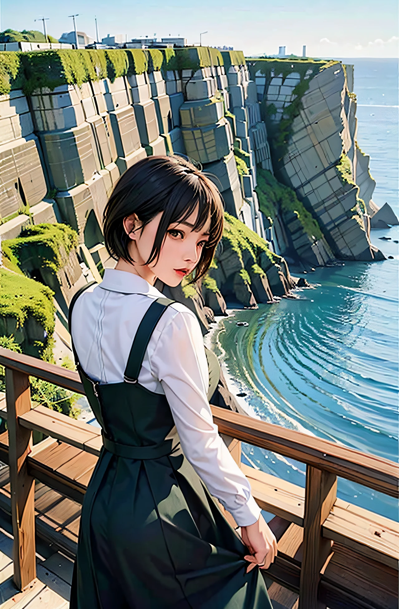 a woman solo of a young woman with short black hair, wearing a red hood and green sweatshirt, standing at the edge of a cliff looking out at the water at the water, The woman has black hair and blue eyes, The woman is wearing a flowing white dress, The girl has dark brown hair and her eyes closed, She is wearing a flowing white dress, One of the other is blowing in the air, The couple is bent and her hands, The girl is behind her, and her