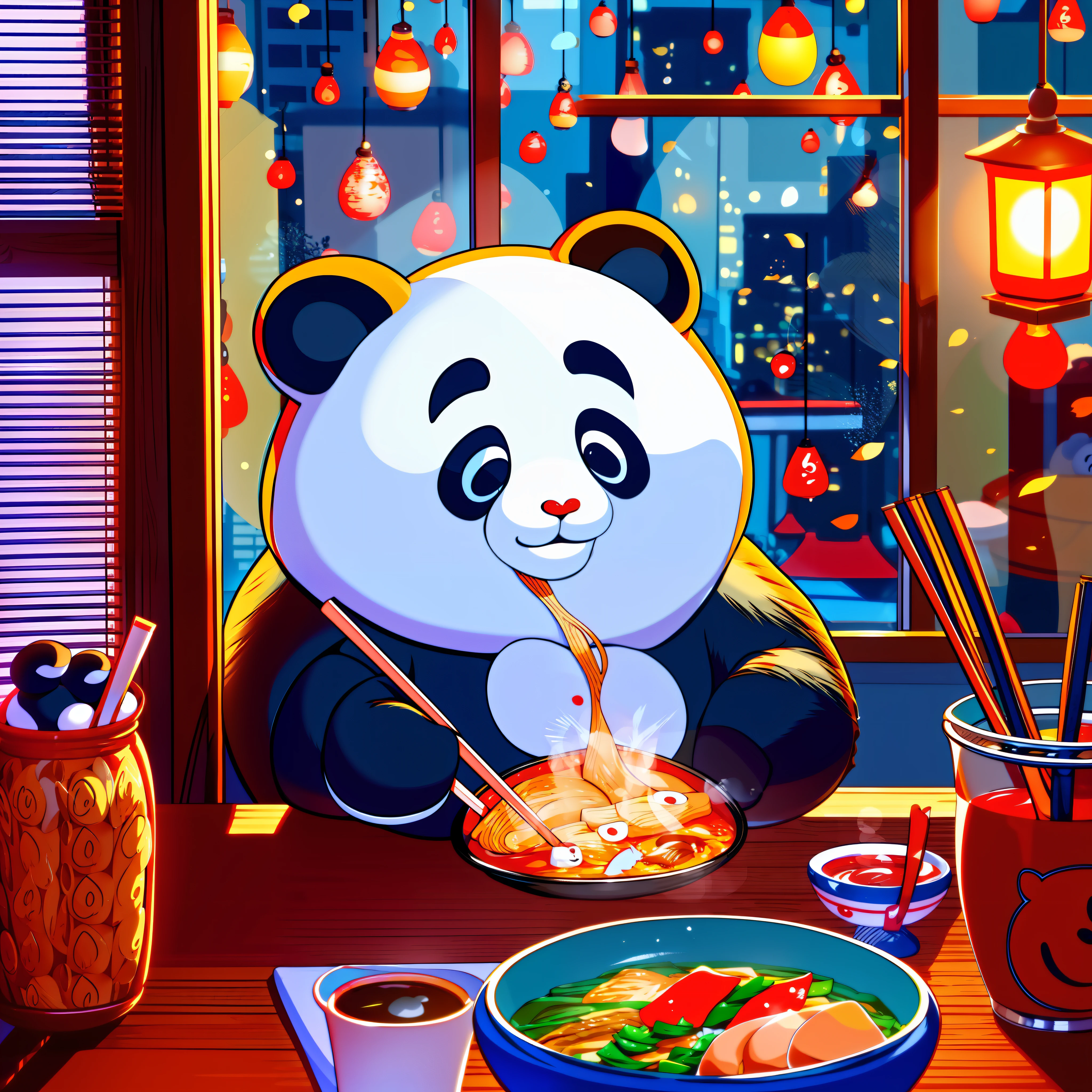 Adorable panda eating ramen with chop sticks in front of window, outside of window is a busy city, Pixar style, 4k, lots of food on his table, the panda is smiling with cute fangs