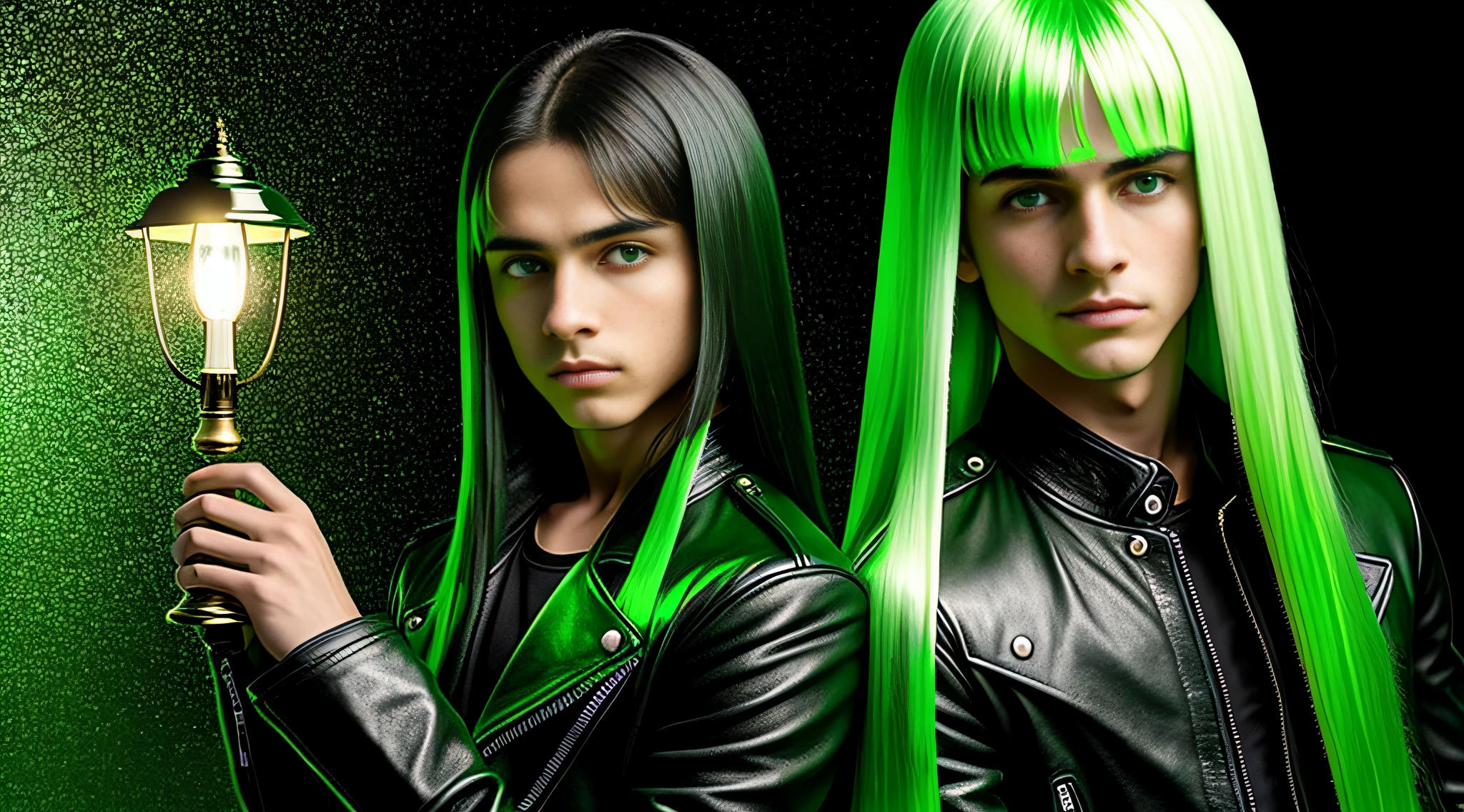 Russian children boys 15 years old WITH LONG STRAIGHT HAIR dark, ESTILO RETRATO, black leather jacket that are holding a lamp, imagem promocional do filme, promotional image, Imagem promocional, Arte Promocional, next gen, verde brilhante, brilho verde, Programa de TV, olhos verdes brilhantes, arte chave, Brilho Verde, neon verde, olhos verdes sobrenaturais, photo render, enigmatic!!, Cor ainda, imagem renderizada
