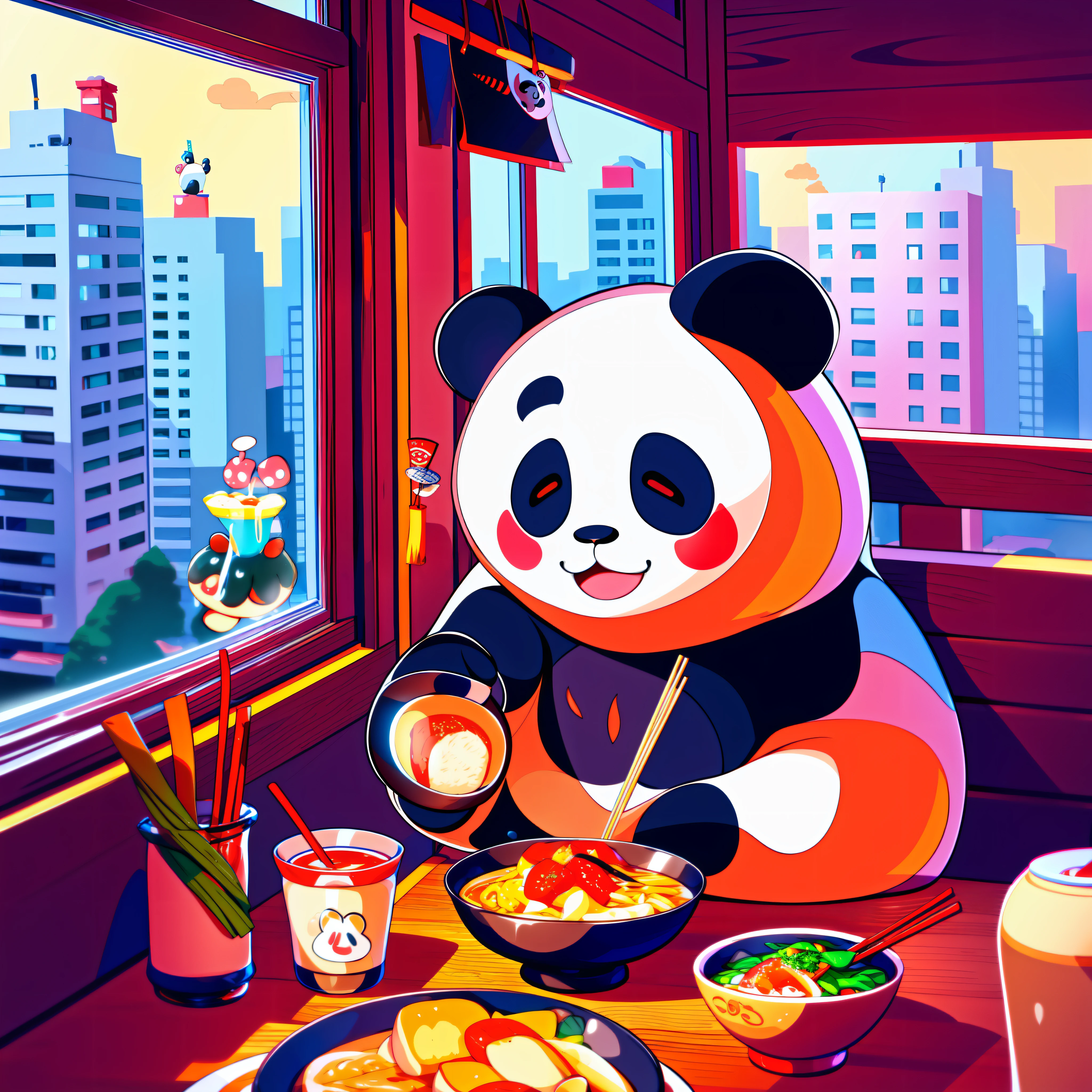 Adorable panda eating ramen with chop sticks in front of window, outside of window is a busy city, Pixar style, 4k, lots of food on his table, the panda is smiling with cute fangs