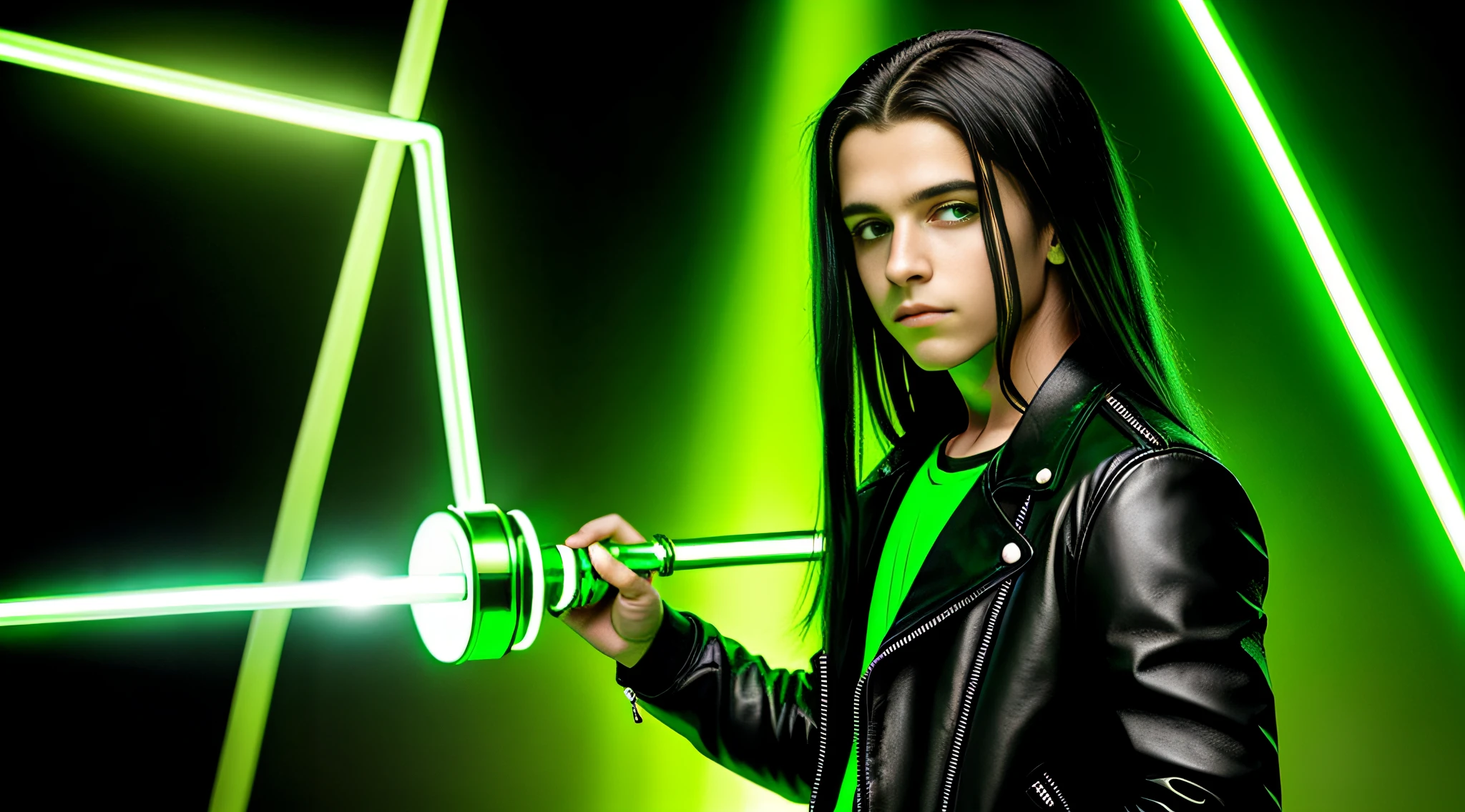 Russian children boys 15 years old WITH LONG STRAIGHT HAIR dark, ESTILO RETRATO, black leather jacket that are holding a lamp, imagem promocional do filme, promotional image, Imagem promocional, Arte Promocional, next gen, verde brilhante, brilho verde, Programa de TV, olhos verdes brilhantes, arte chave, Brilho Verde, neon verde, olhos verdes sobrenaturais, photo render, enigmatic!!, Cor ainda, imagem renderizada