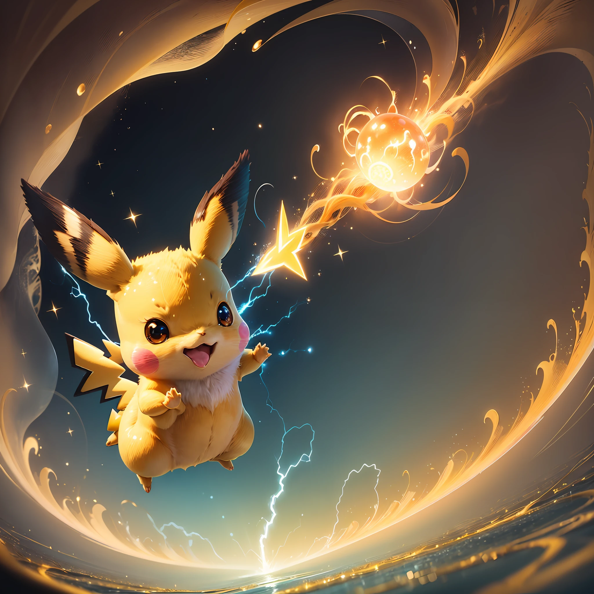 (masterpiece), (best quality), (ultra-detailed), (extremely detailed CG unity 8k wallpaper), (best illustration), (an extremely delicate and beautiful), (floating Pikachu), (waving hand), (playful expression), (dynamic pose), (vibrant yellow fur), (sparkling black eyes), (bright orange cheeks), (bright blue lightning bolt tail). --auto --s2