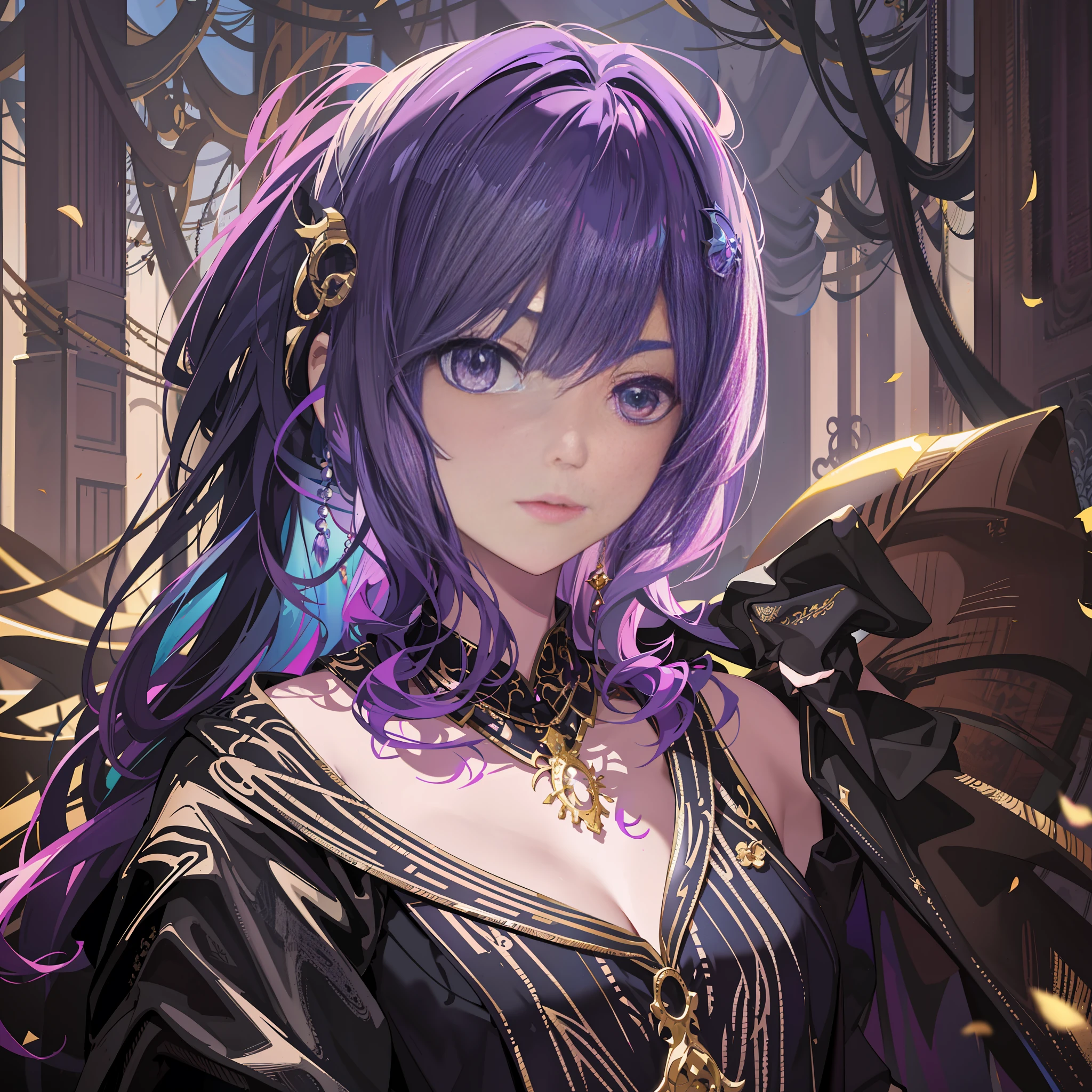 Anime girl with purple hair and black dress in the forest, portrait knight of zodiac girl, detailed digital anime art, fantasy art style, anime fantasy artwork, 8k high quality detail art, anime fantasy illustration, by Yang J, 2. 5 D CGI anime fantasy artwork, G willow art style, detailed portrait of anime girl, brunette mage, optimized eyes