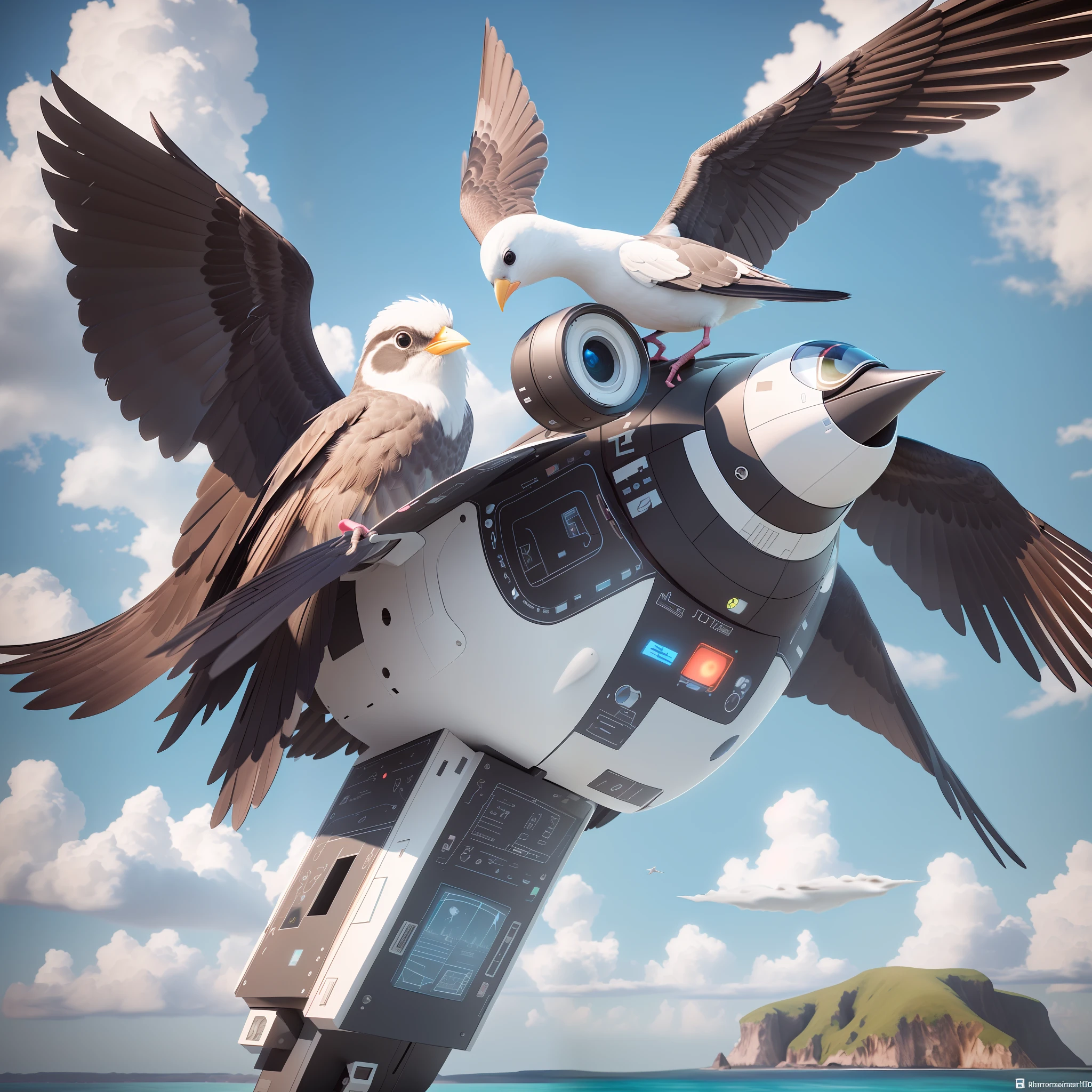 photo realistic, Realistic, detailed eye, 8k uhd, dslr, high quality, film grain, photorealism, lomography, bird-shaped spacecraft, bird space robot, The full body is white and black, purple eyes, White tail. Flying in the sky, raining, cool breeze, (on the far right are some small island, 1.4), (there are some big tree, 1.5), and the scenery is bird-shaped spacecraft, harmonious and beautiful, robot, robotic bird, Flying in the sky, cute 2 d render, stylized digital illustration, stylized as a 3d render, beach on the outer rim, rendered in cinema4d, rendered in cinema 4 d, 3 d render stylized