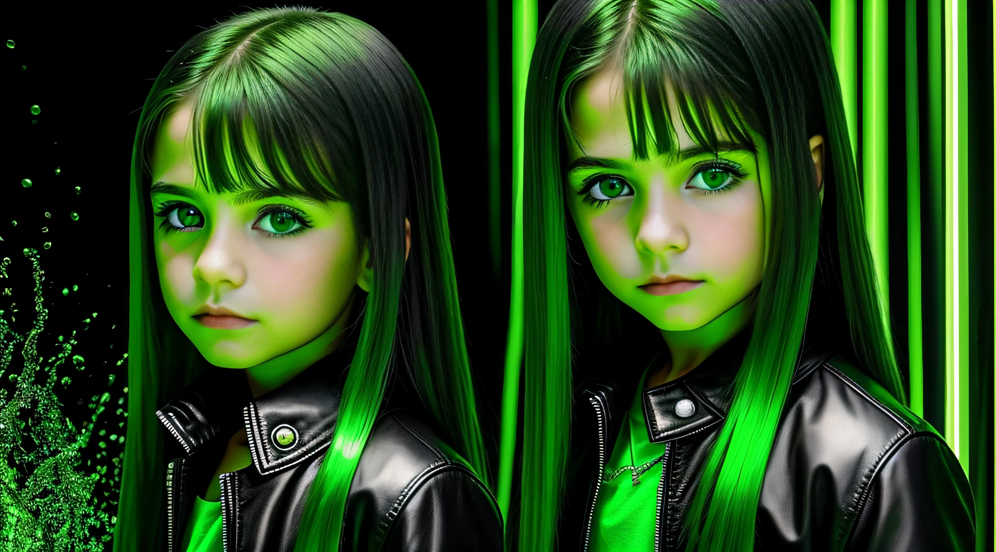 4 boys Russian children with 15 years old WITH LONG STRAIGHT HAIR dark, ESTILO RETRATO, black leather jacket that are holding a lamp, imagem promocional do filme, promotional image, Imagem promocional, Arte Promocional, next gen, verde brilhante, brilho verde, Programa de TV, olhos verdes brilhantes, arte chave, Brilho Verde, neon verde, olhos verdes sobrenaturais, photo render, enigmatic!!, Cor ainda, imagem renderizada