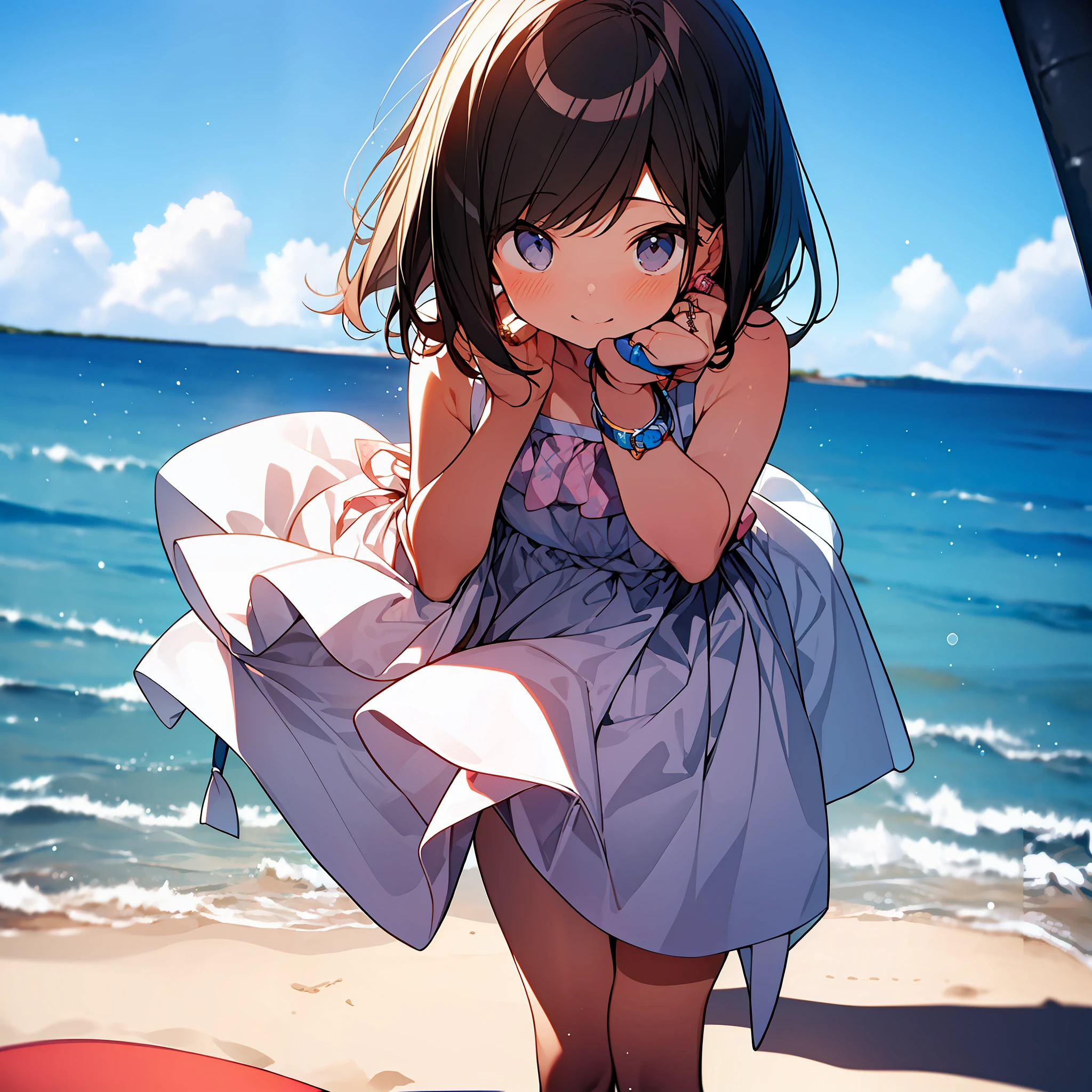 ((Best quality)), ((masterpiece)), cute ,Wear a cute swimsuit,Wear a swimming ring,on the sand,happy,