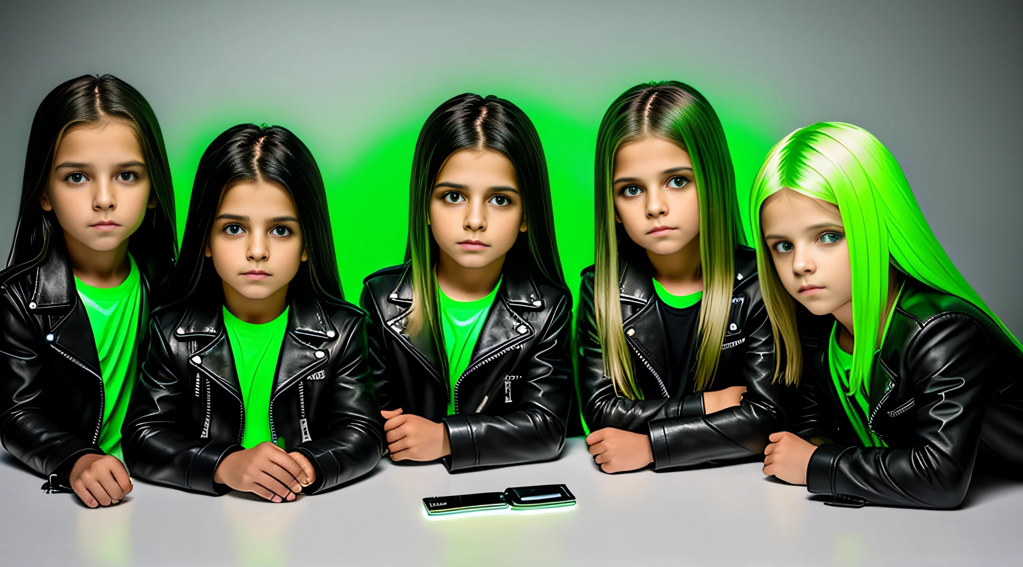 4 boys Russian children with 15 years old WITH LONG STRAIGHT HAIR dark, ESTILO RETRATO, black leather jacket that are holding a lamp, imagem promocional do filme, promotional image, Imagem promocional, Arte Promocional, next gen, verde brilhante, brilho verde, Programa de TV, olhos verdes brilhantes, arte chave, Brilho Verde, neon verde, olhos verdes sobrenaturais, photo render, enigmatic!!, Cor ainda, imagem renderizada