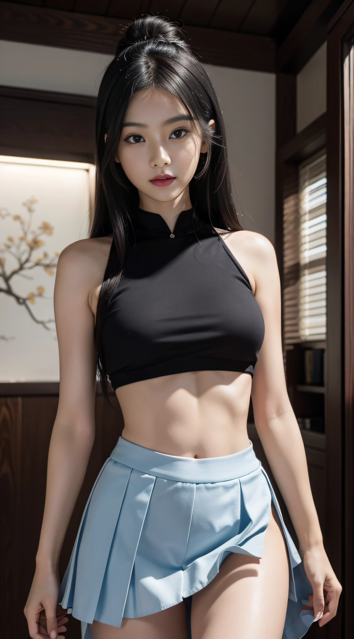 (RAW photo best quality) (realistic photo-realistic: 1.3) best quality masterpiece extremely delicate and beautiful extremely detailed CG unity 32k wallpaper amazing finely detailed masterpiece light smile best quality CG unity 32k wallpaper huge filesize ultra-detailed highres extremely detailed 1girl chinese girl slim body slender abs huge breasts looking into camera small bag (cute crop top:1) (short pleated skirt:1) (long hair) (black hair) sharp focus hyperrealism in the city