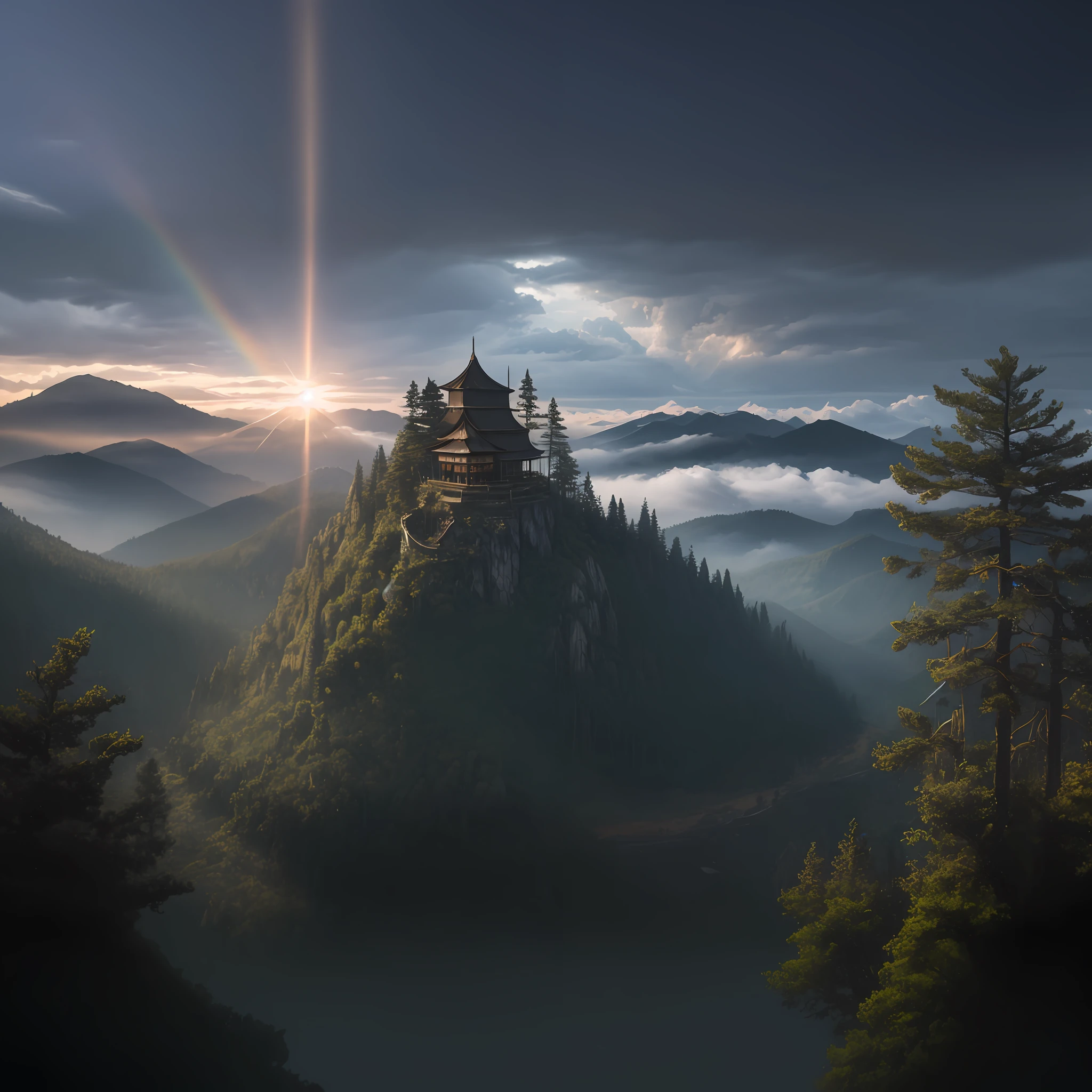 arafed view of a mountain with a pagoda on top of it, 3d rendered matte painting, matte painting 4k 8k, 4 k matte painting, matte painting in fantasy style, majestic matte painting, beautiful mattepainting, matte painting v ray, dreamy matte painting, highly detailed matte painting, mattepainting, soft focus matte painting, 8 k matte painting