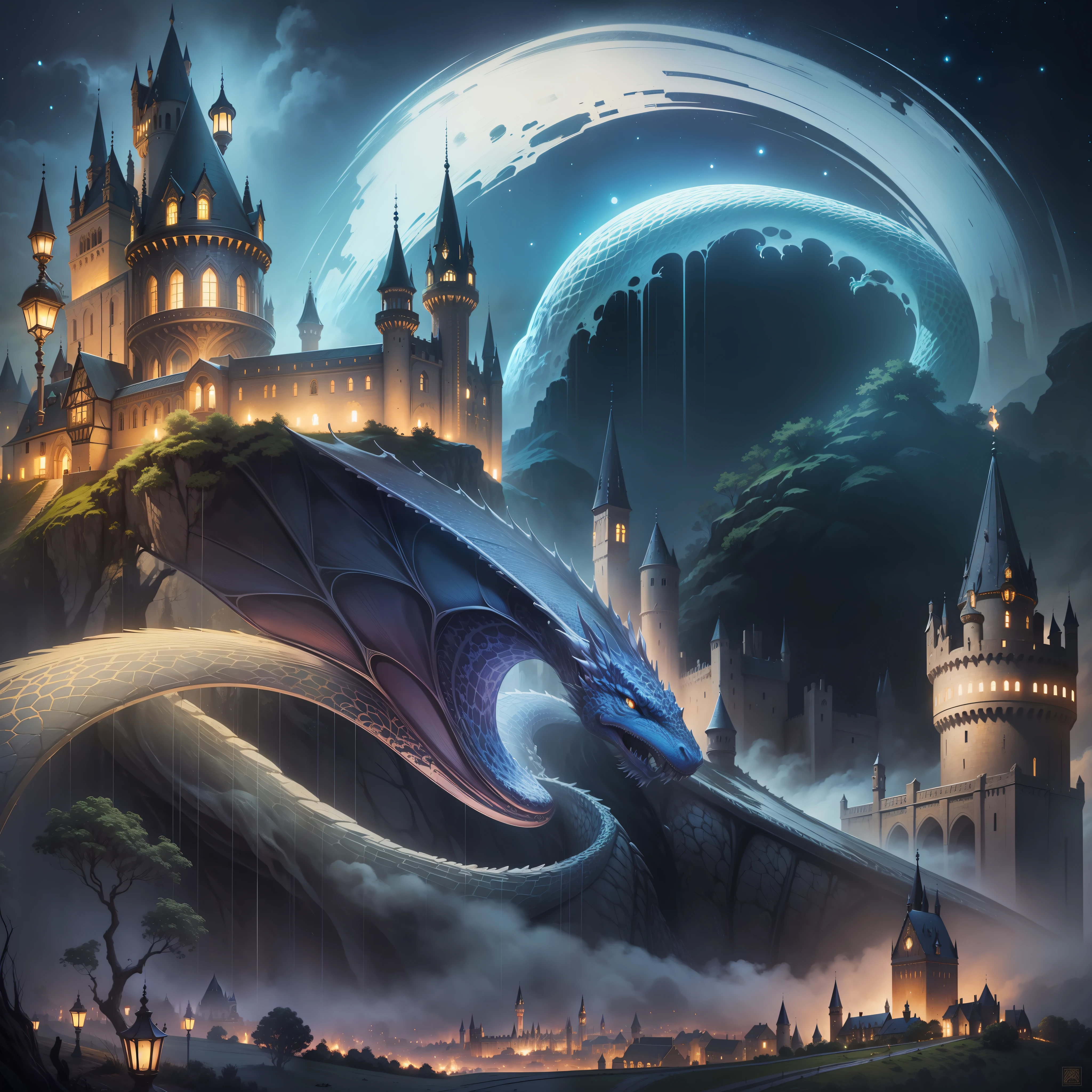 Uma obra-prima, a castle poster with a dragon in the background, vista de uma aldeia, with a solid black background above and below. Close shots com lagos, reflexos, pinturas detalhadas inspiradas em gaston bussiere, shutterstock, arte de fantasia, Magic light and shadows, feixes de artefatos. Castelos encantados, Enchanted Scenarios, arte de Harry Potter, Highly detailed magical fantasy, castelos assustadores)). mystical, fundo hogwarts, Hogwarts scenario, Magic Castle School on the Hill, pintura de conto de fadas, magic composition, cena noturna