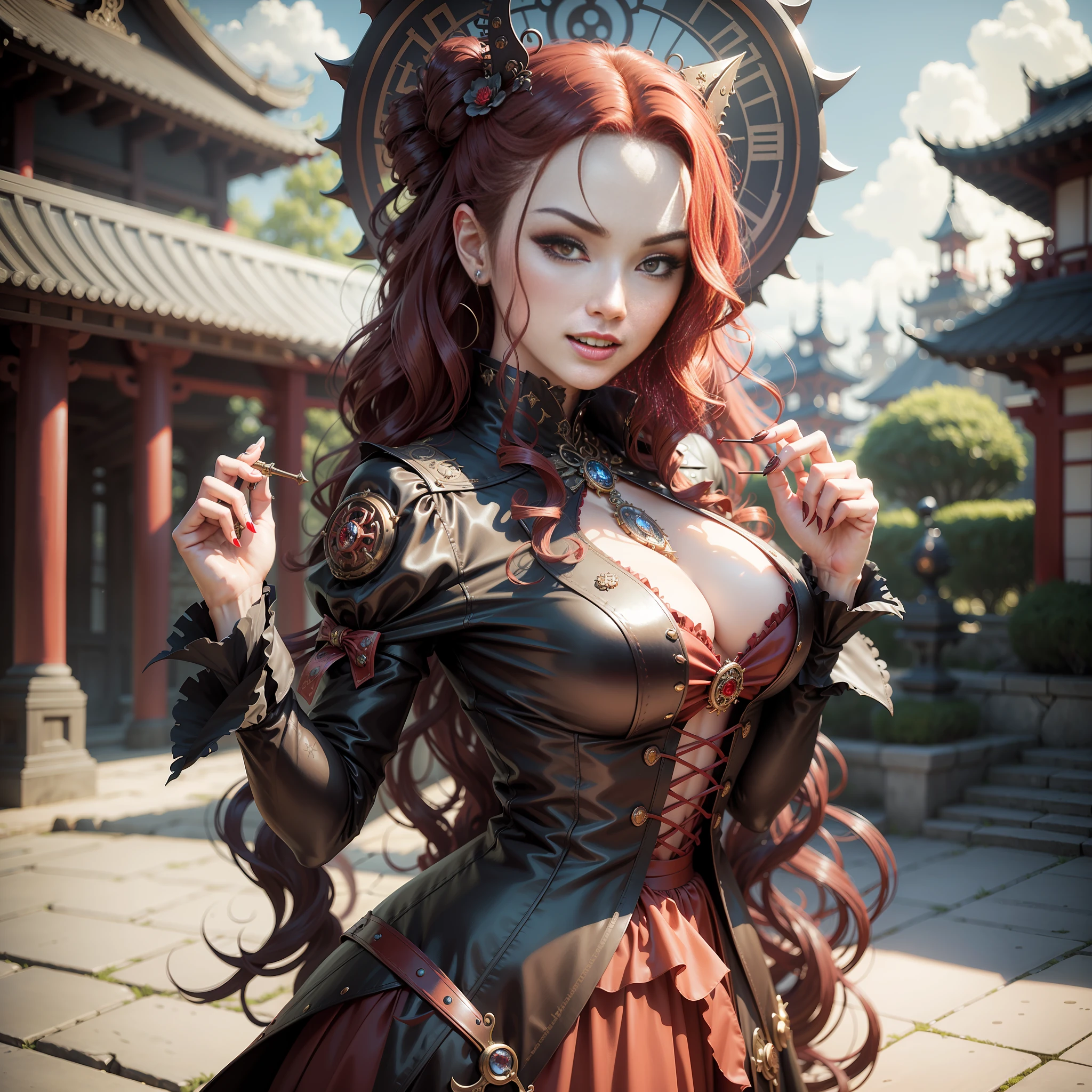 A Masterpiece, Steampunk, Gothic dress Japanese Sexy Vampiress, ((Red wavy hair)), (perfect body), ((perfect detailed face)), ((perfect detailed fingers)), ((Showing teeth and Vampire Fangs)), ((Perfect Hands)), at a Futuristic Classical Japanese Castle, In a Japanese Steampunk City, Steampunk world, Jewels, Tattoos, neon, bioluminicense, wind, 8k, HD, Detailed and Intricicated